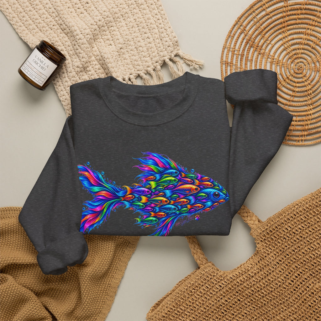 Colorful Fish Crewneck Sweatshirt — Vibrant Psychedelic Fish Graphic