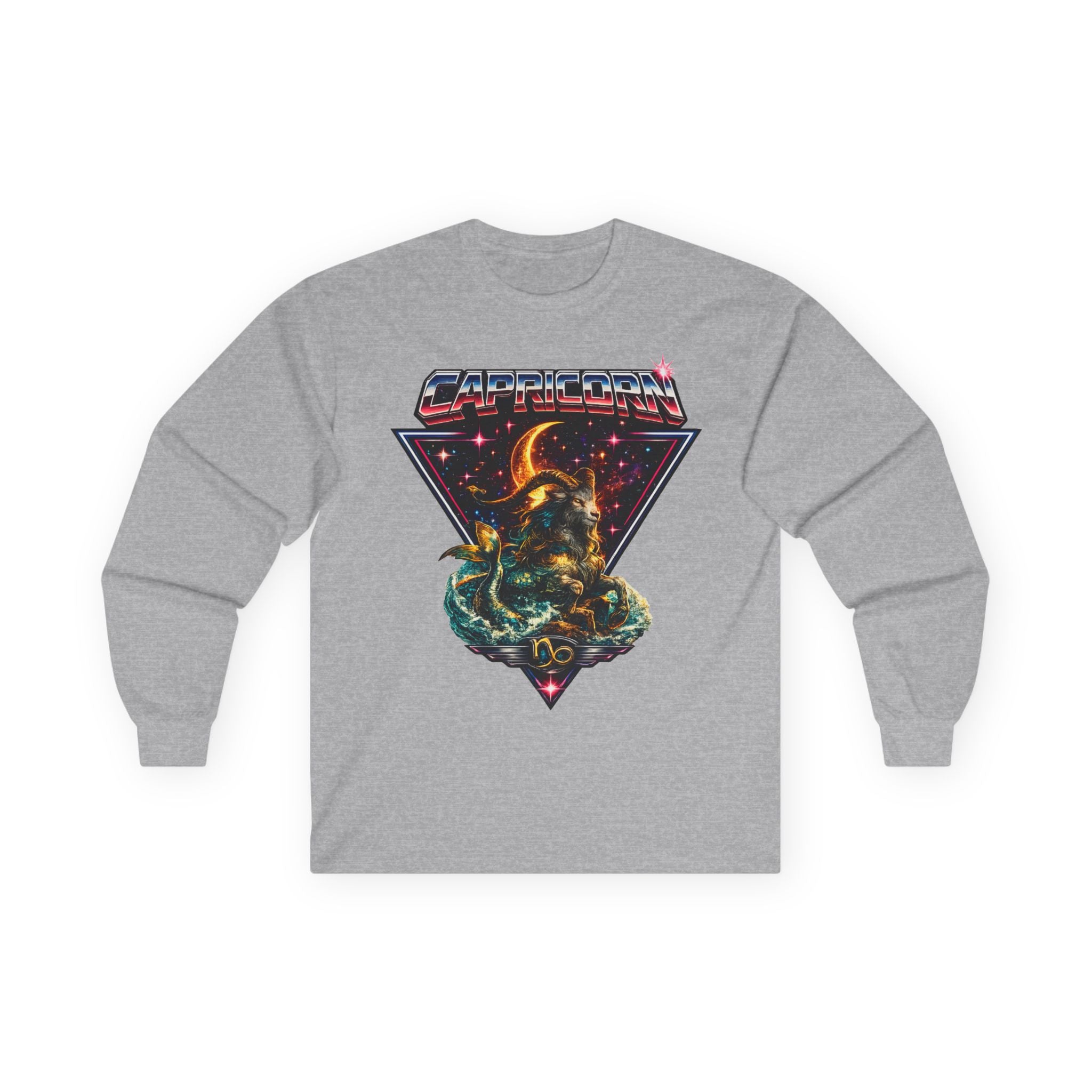Capricorn Retro Zodiac Long Sleeve Tee-Vintage 80s Celestial Sea-Goat Design