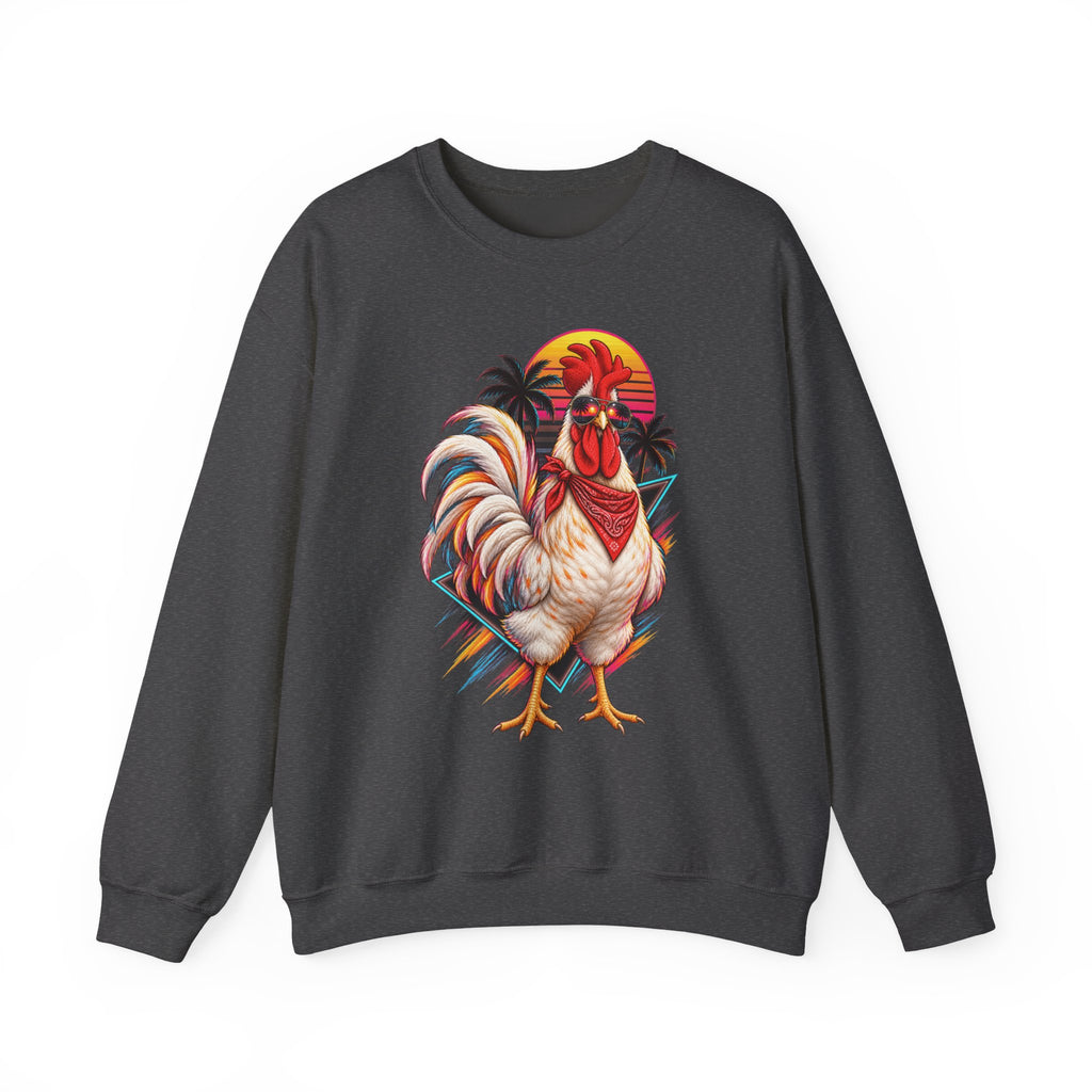 Rooster Sunset Crewneck Sweatshirt — Tropical Farm Rooster Graphic