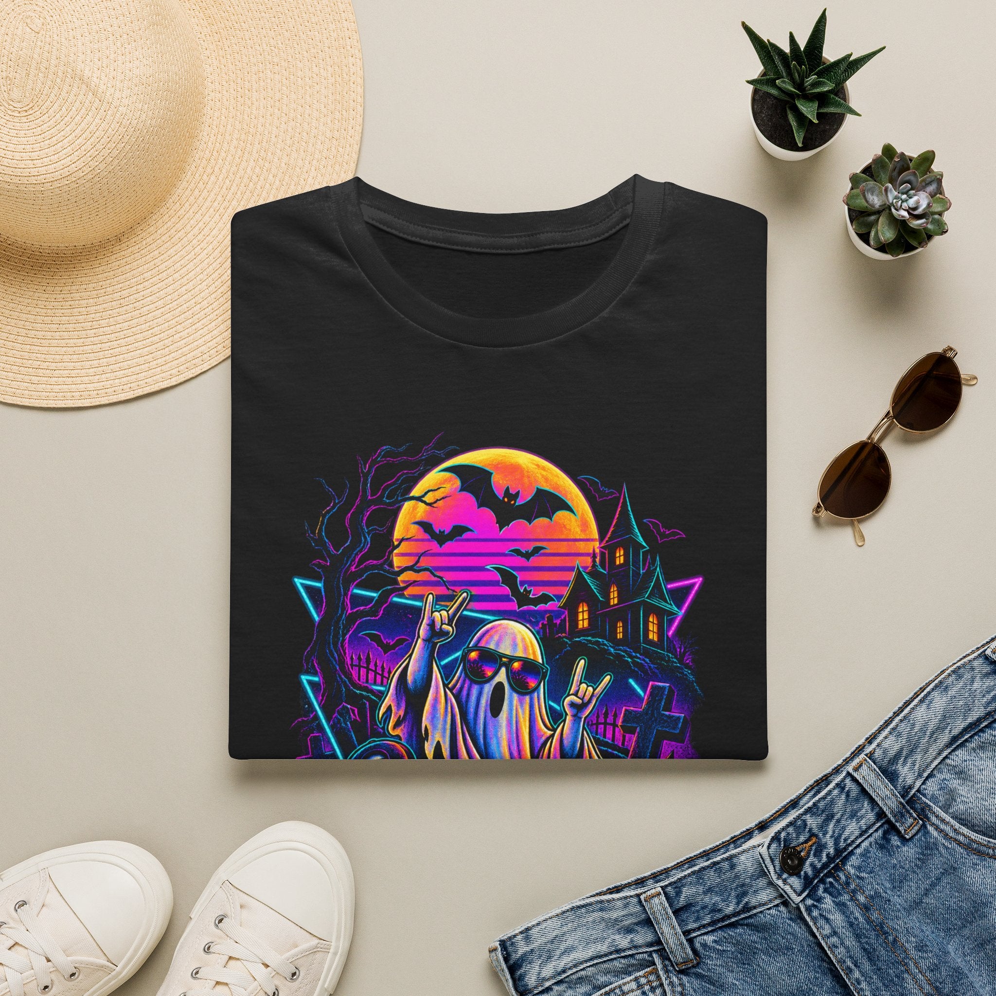 Halloween Neon Ghost T-Shirt — Retro Haunted House Pumpkin Design