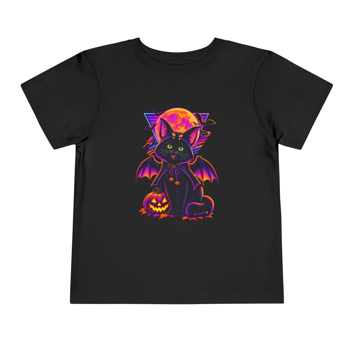 Toddler Tee — Neon Halloween Bat Cat with Pumpkin Graphic