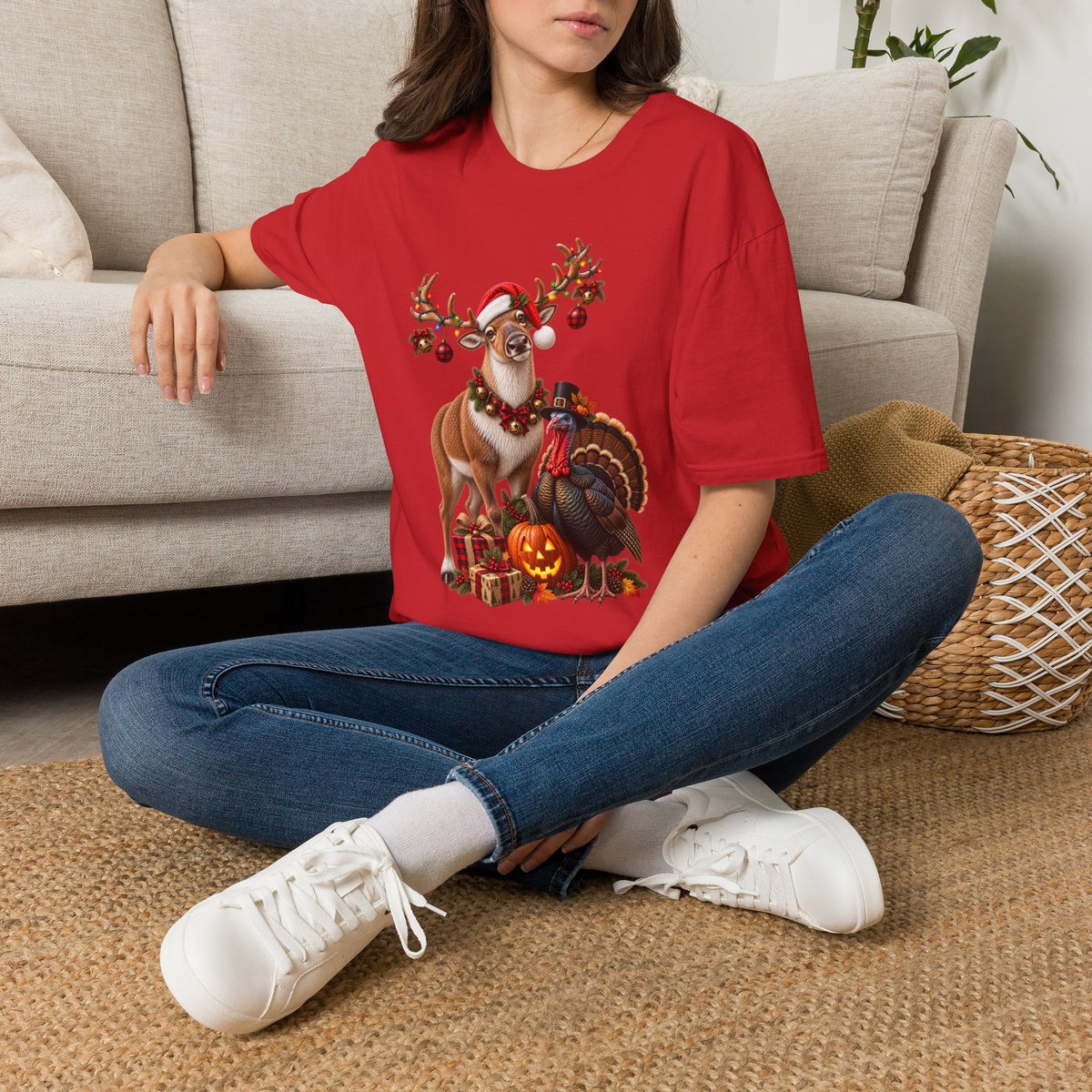 Three Holidays-One Shirt - Christmas Reindeer ,Turkey & Jack O Lantern Graphic T‑Shirt