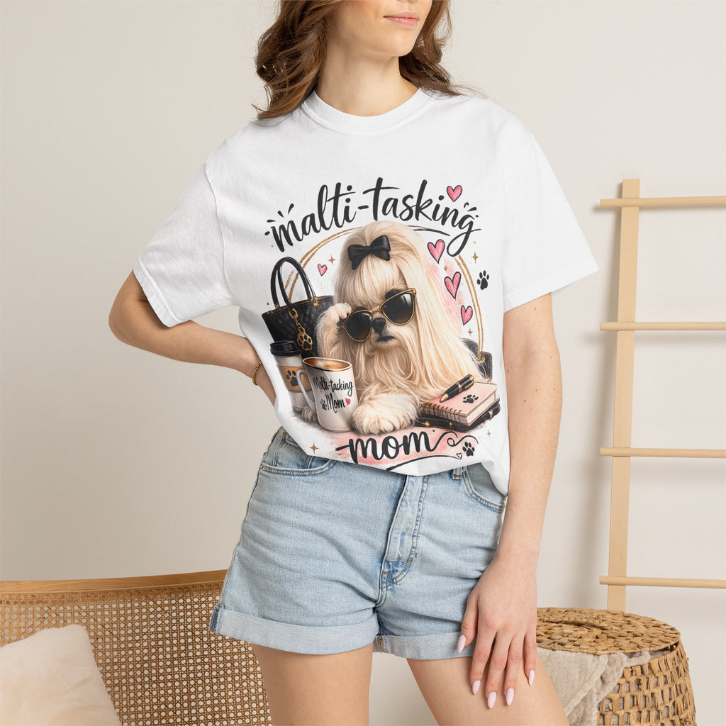 Multi-Tasking Mom T-Shirt – Cute Maltese Dog with Coffee & Handbag Graphic
