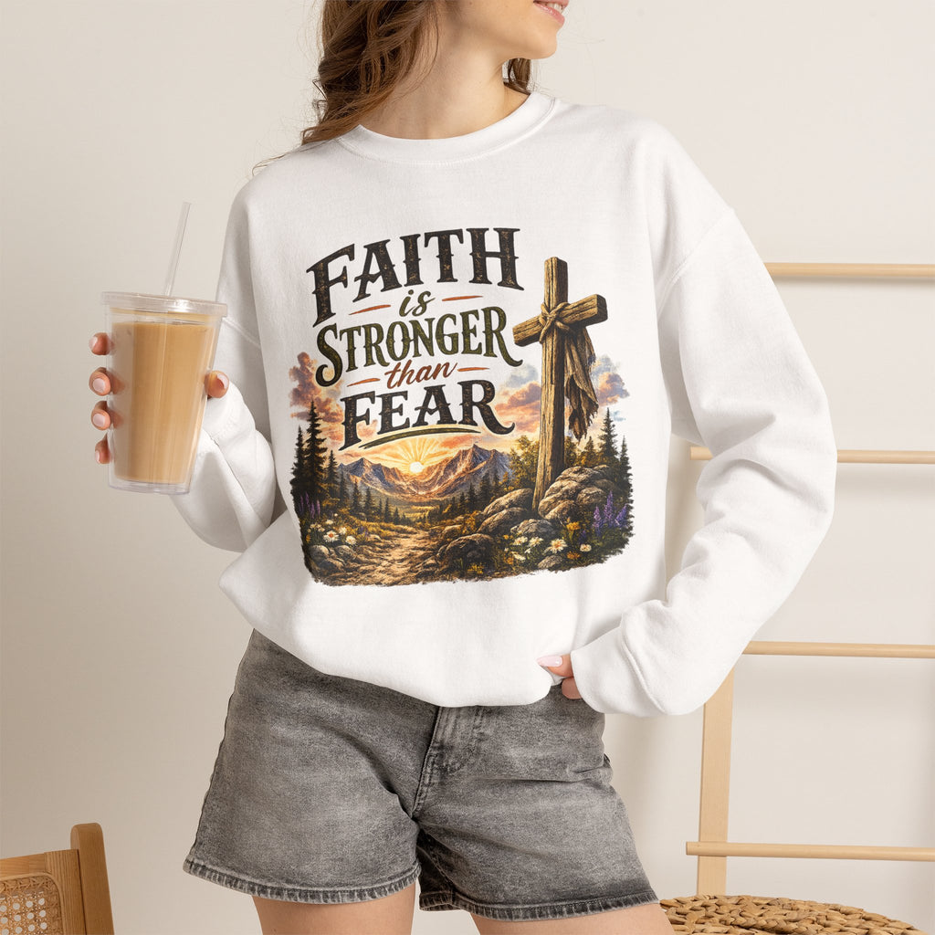 Faith Is Stronger Than Fear Crewneck Sweatshirt — Christian Cross Mountain Design
