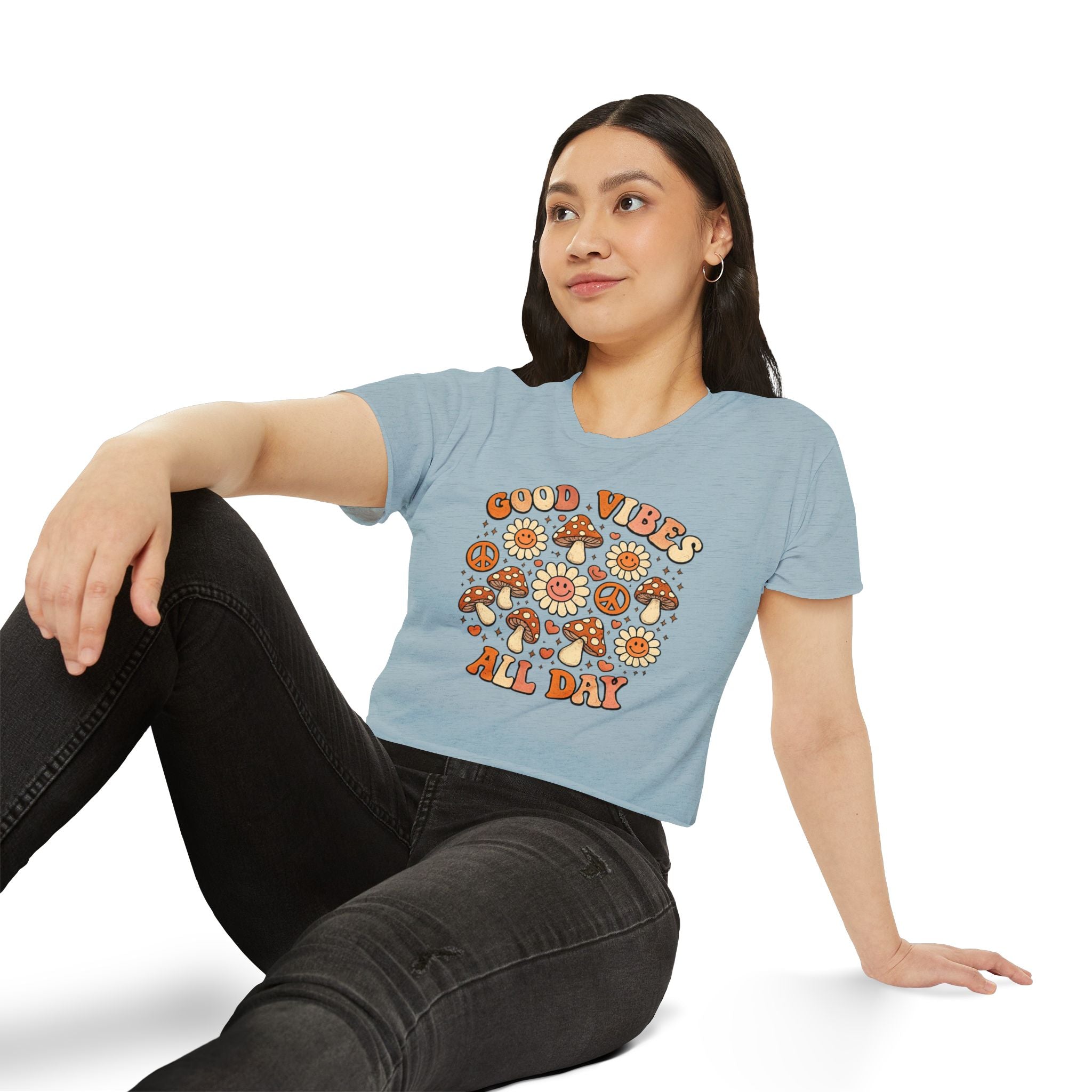 Good Vibes All Day Crop Top — Retro Mushroom & Sun Festival Tee