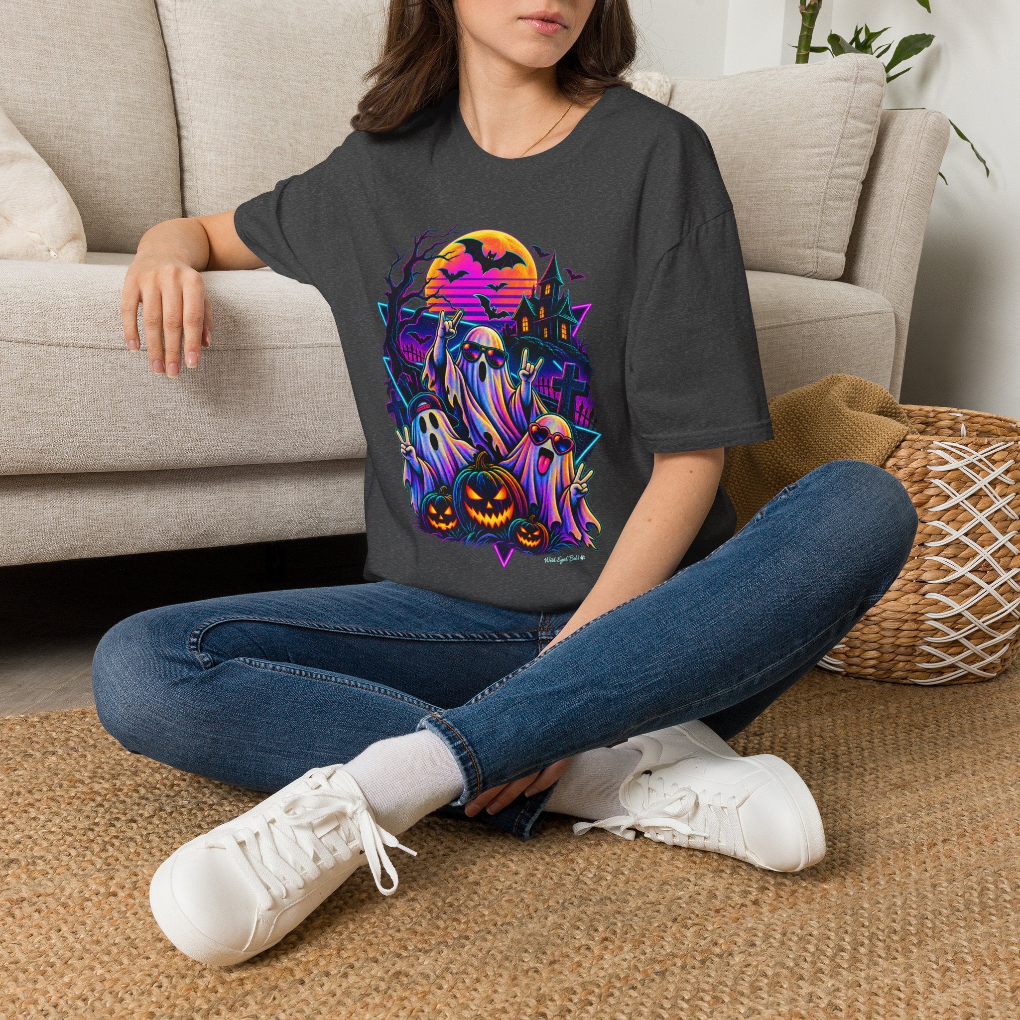 Halloween Neon Ghost T-Shirt — Retro Haunted House Pumpkin Design