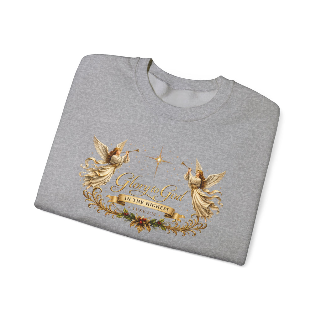 Glory to God Crewneck Sweatshirt — Angel Wings & Star Christian Holiday Pullover