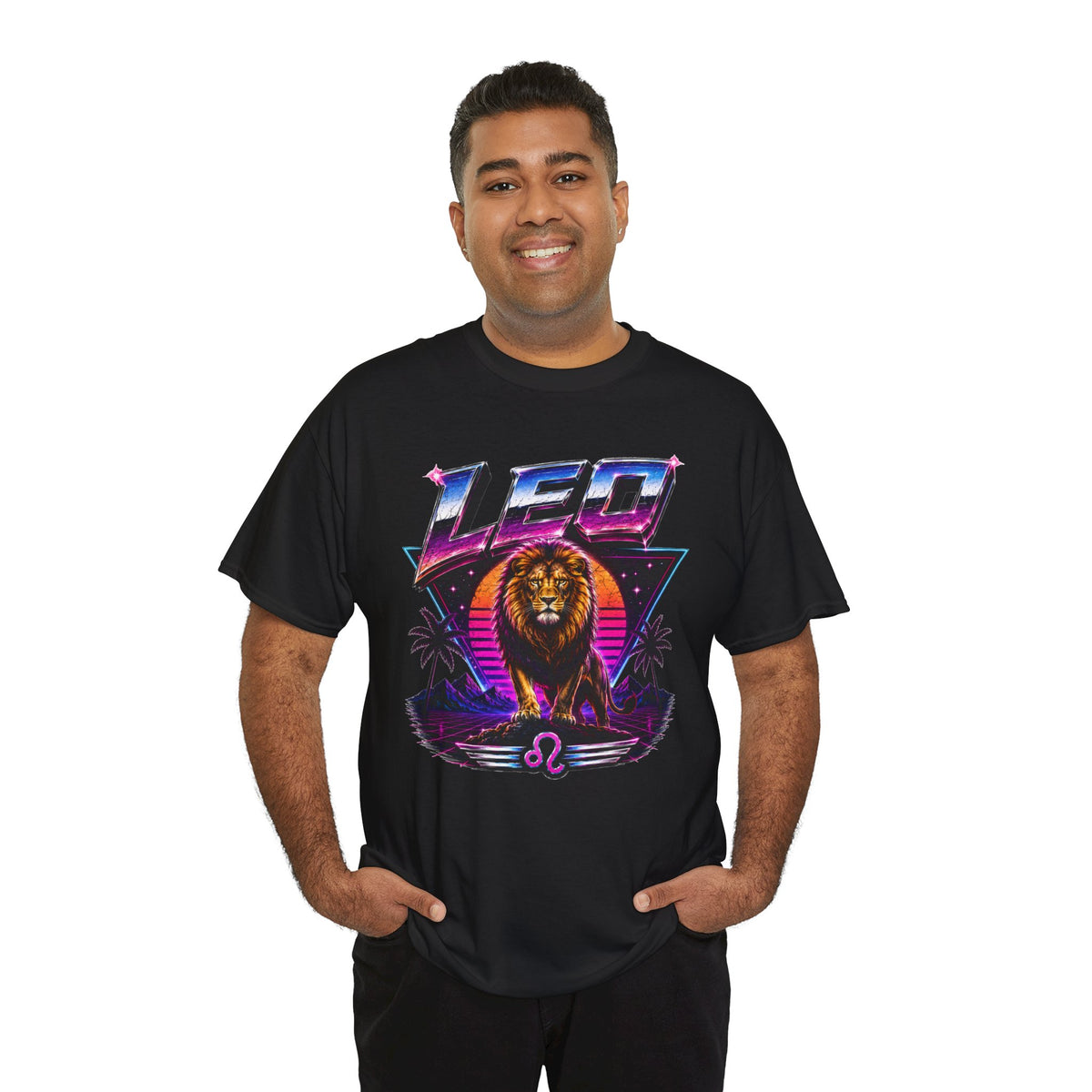 Leo Zodiac T‑Shirt — Retro Neon Lion Astrology Tee