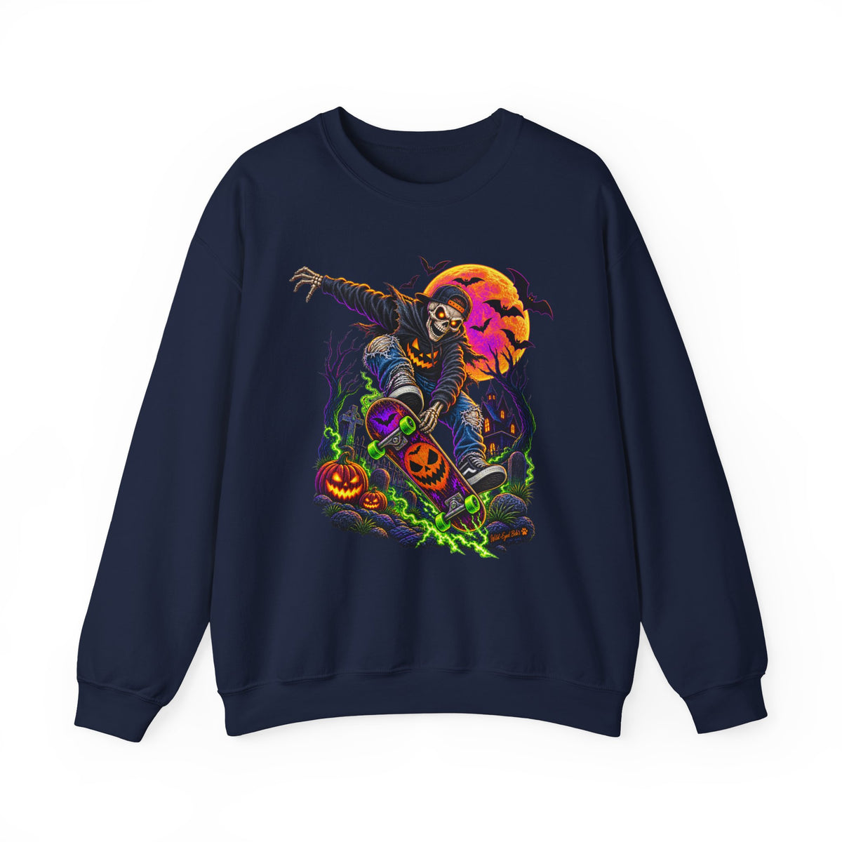 Halloween Skeleton Graveyard Sweatshirt — Spooky Pumpkin & Bats Crewneck