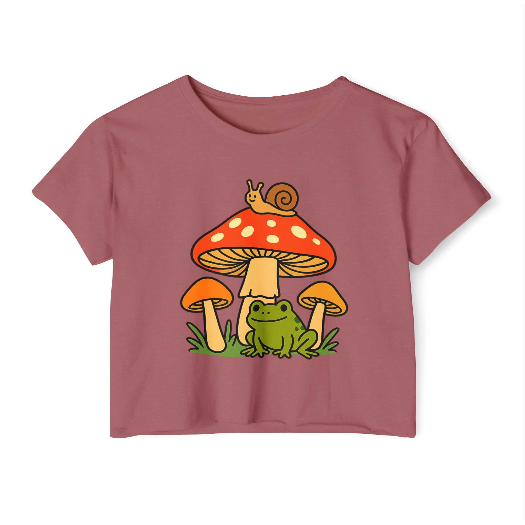 Frog & Mushroom Crop Top — Cute Festival Women's Tee