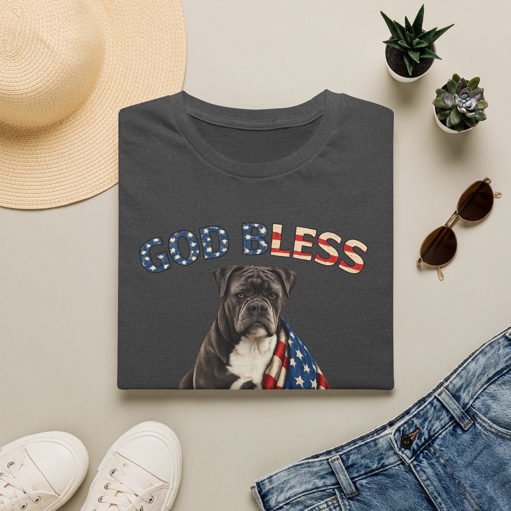 God Bless America Bulldog T-Shirt — Patriotic USA Flag Pup Tee
