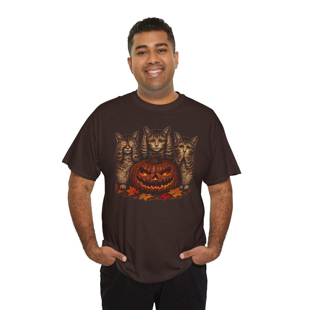 Halloween Cats T-Shirt — Trio of Kittens with Jack-O'-Lantern Fall Tee