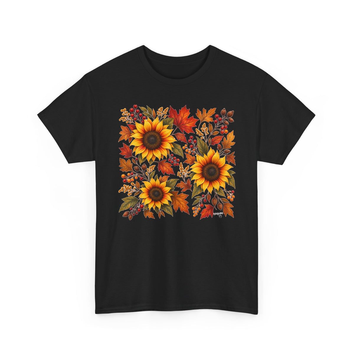 Sunflower & Autumn Leaves Tee — Fall Floral Graphic T-Shirt