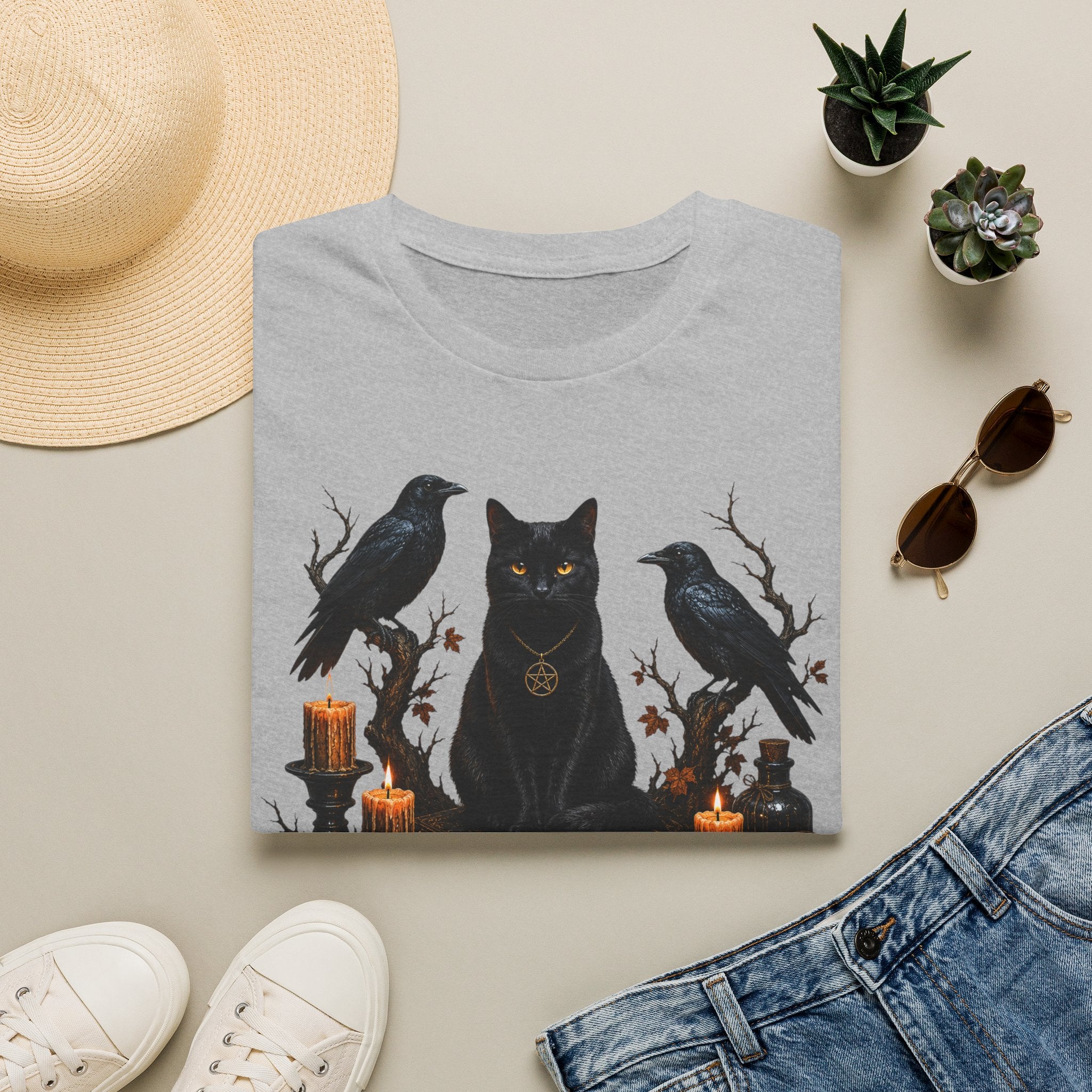 Occult Black Cat T-Shirt — Witchy Candle & Raven Spell Design