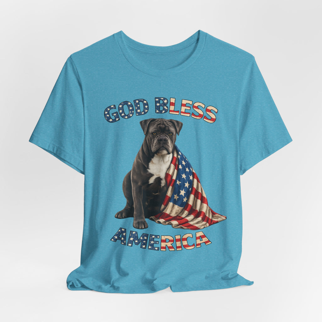 Patriotic Bulldog Tee – "God Bless America" USA Flag Dog T-Shirt