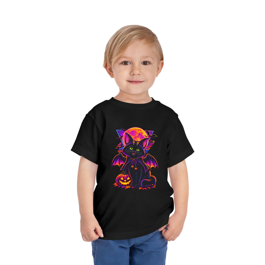 Toddler Tee — Neon Halloween Bat Cat with Pumpkin Graphic