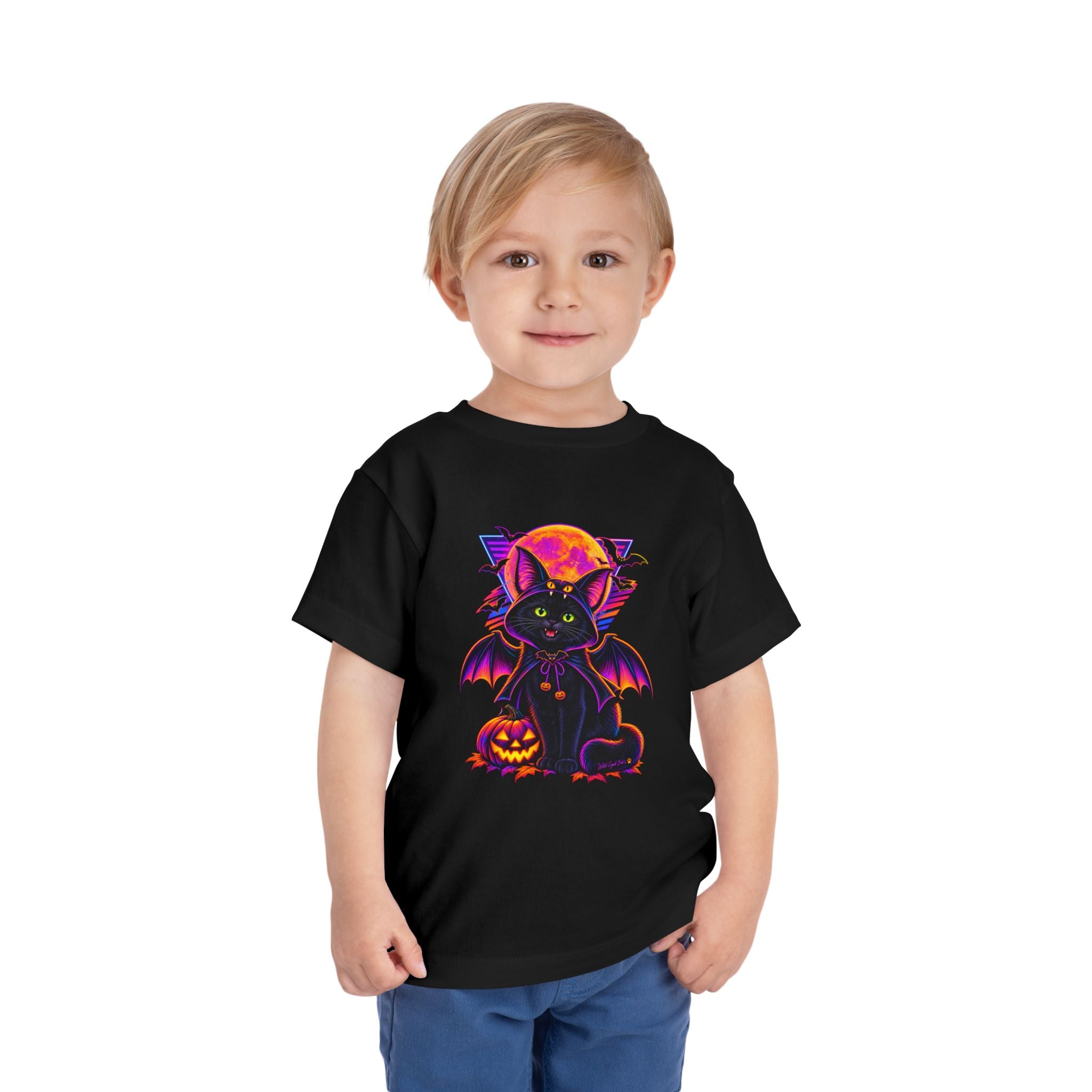 Toddler Tee — Neon Halloween Bat Cat with Pumpkin Graphic