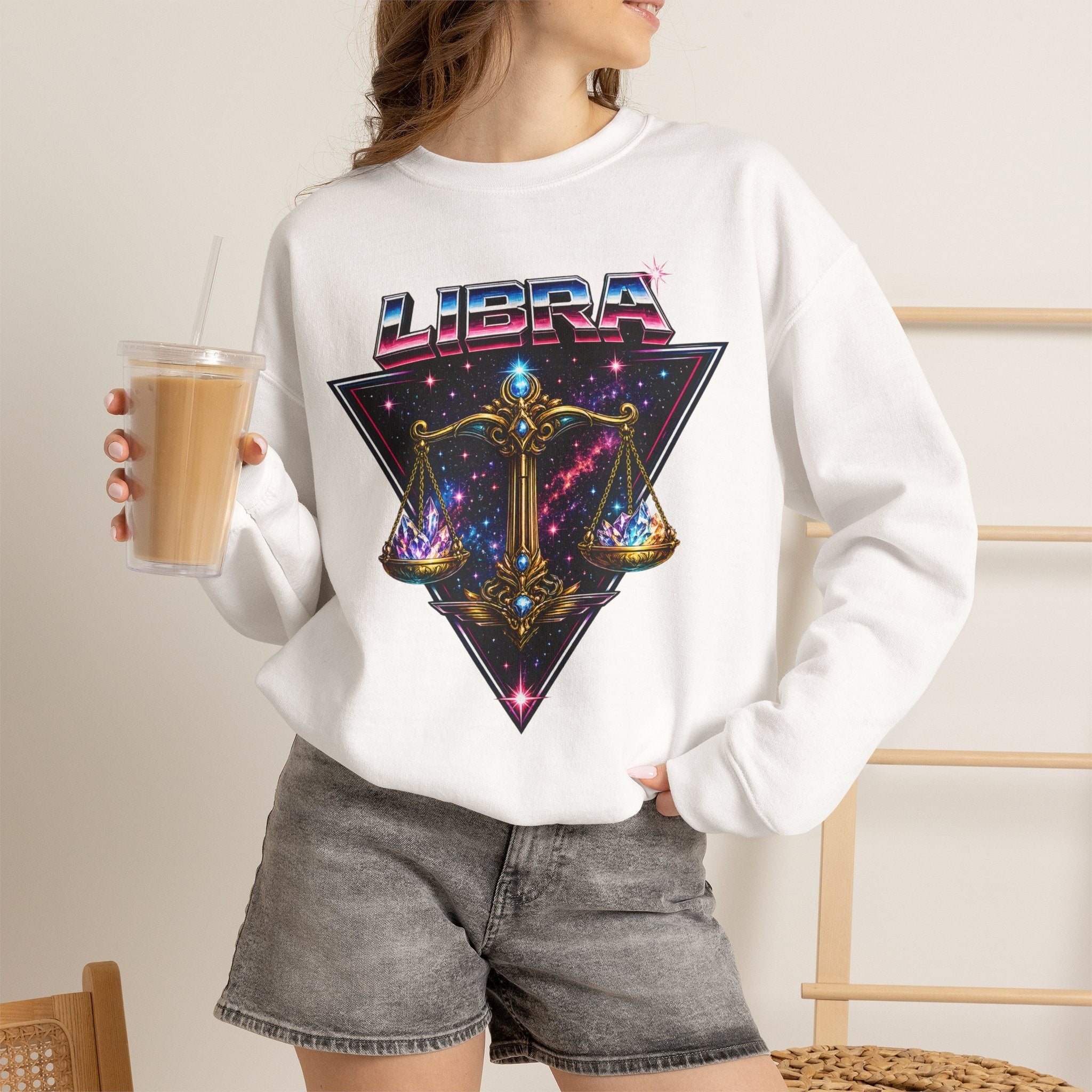 Libra Zodiac Crewneck Sweatshirt — Retro Cosmic Scales Astrology Graphic