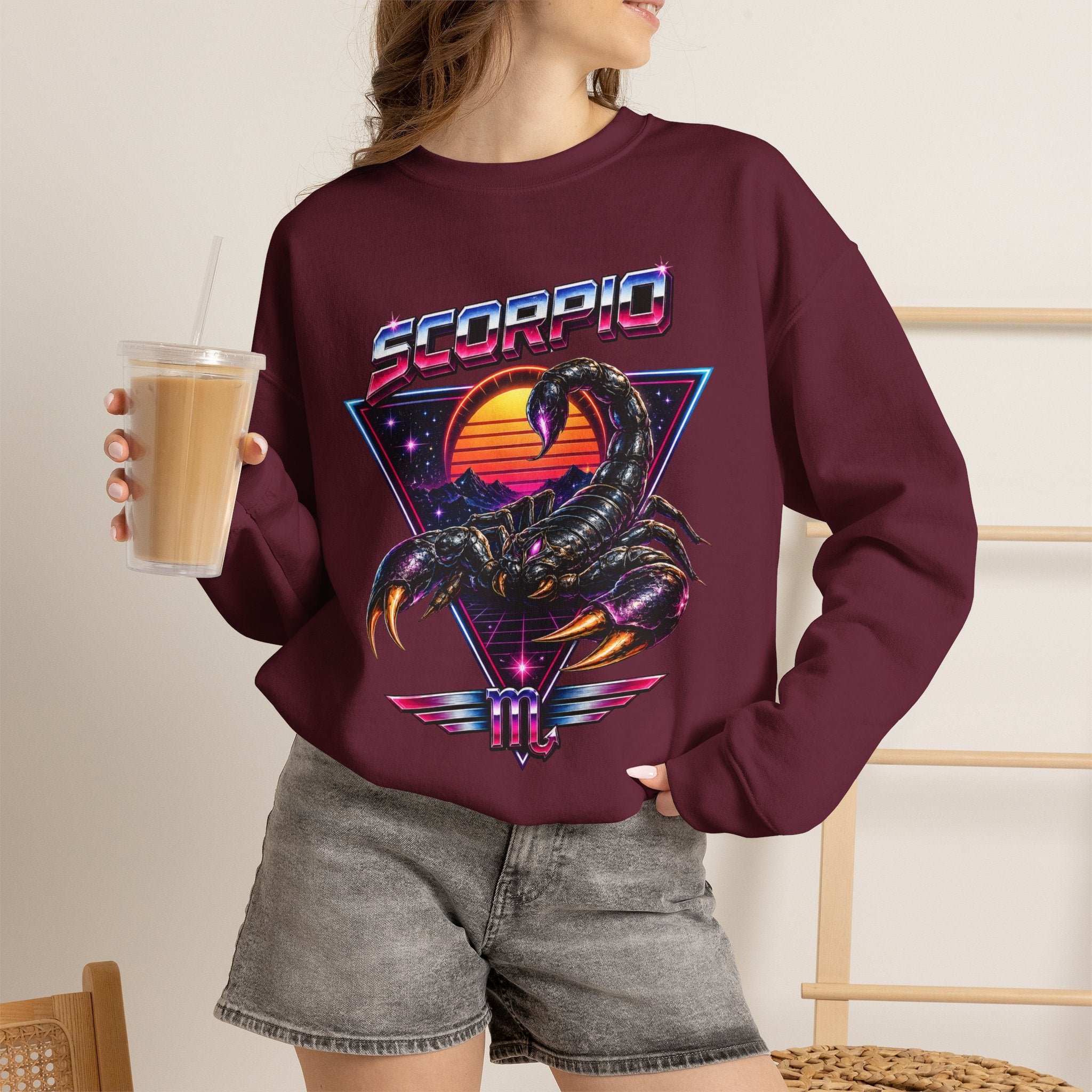 Scorpio Zodiac Crewneck Sweatshirt — Retro Sunset Scorpion Graphic