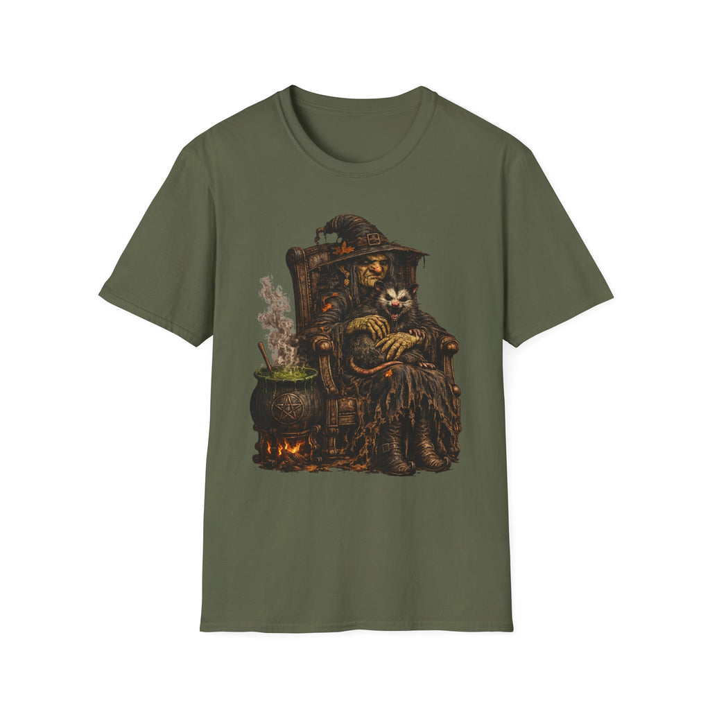 Witch and Possum Graphic T‑Shirt — Cozy Spooky Halloween Tee