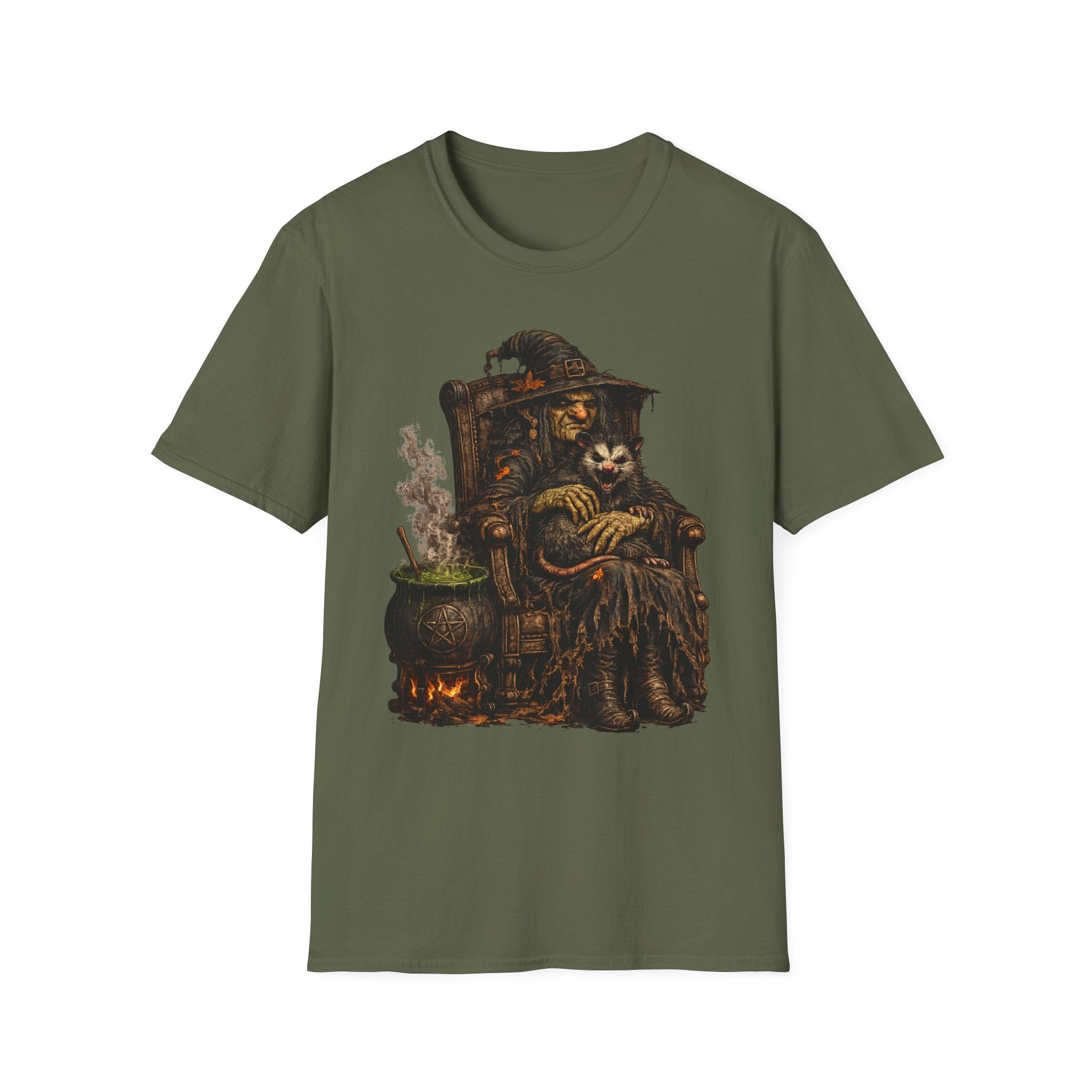 Witch and Possum Graphic T‑Shirt — Cozy Spooky Halloween Tee