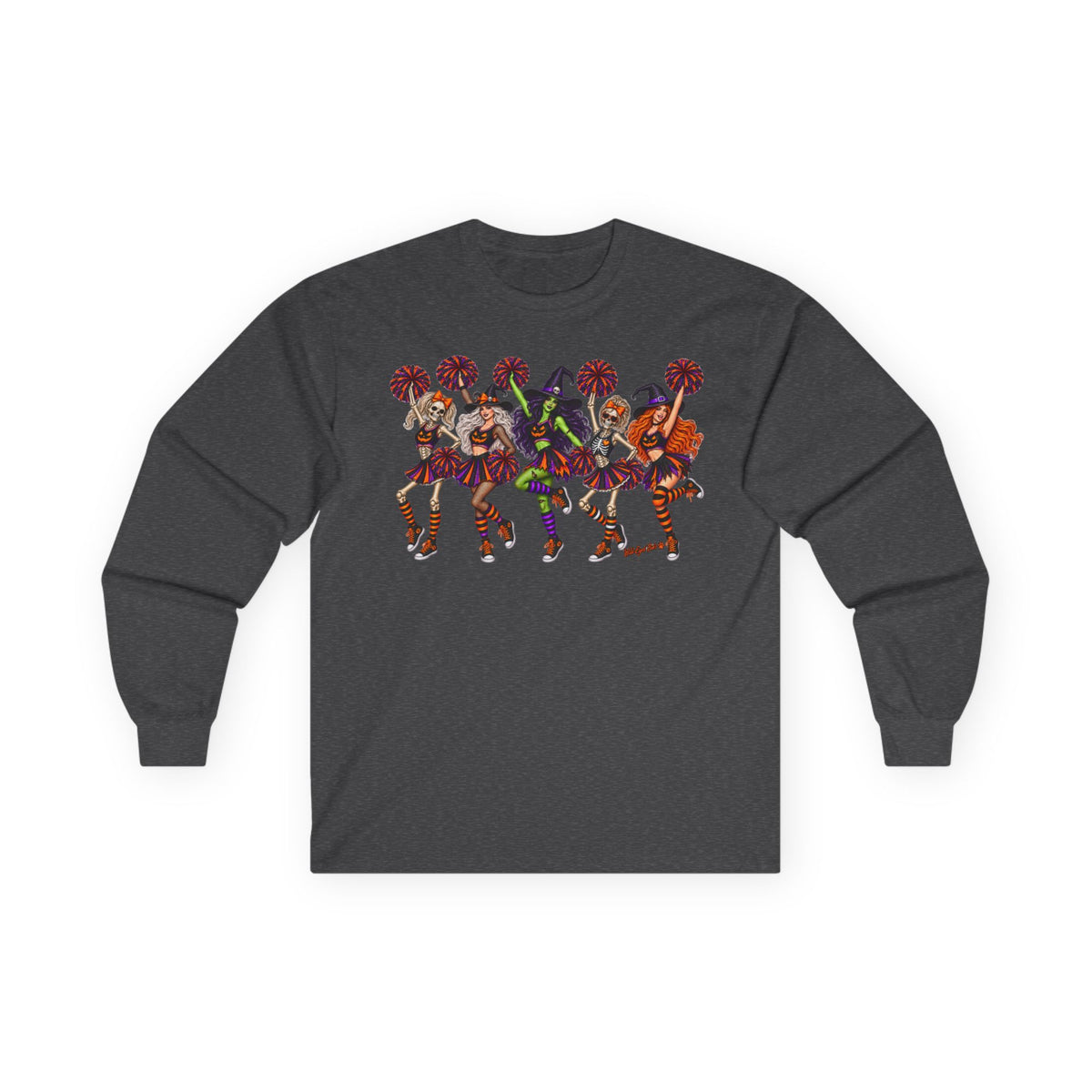 Cheerleader Skeletons and Witches Halloween Long Sleeve Tee
