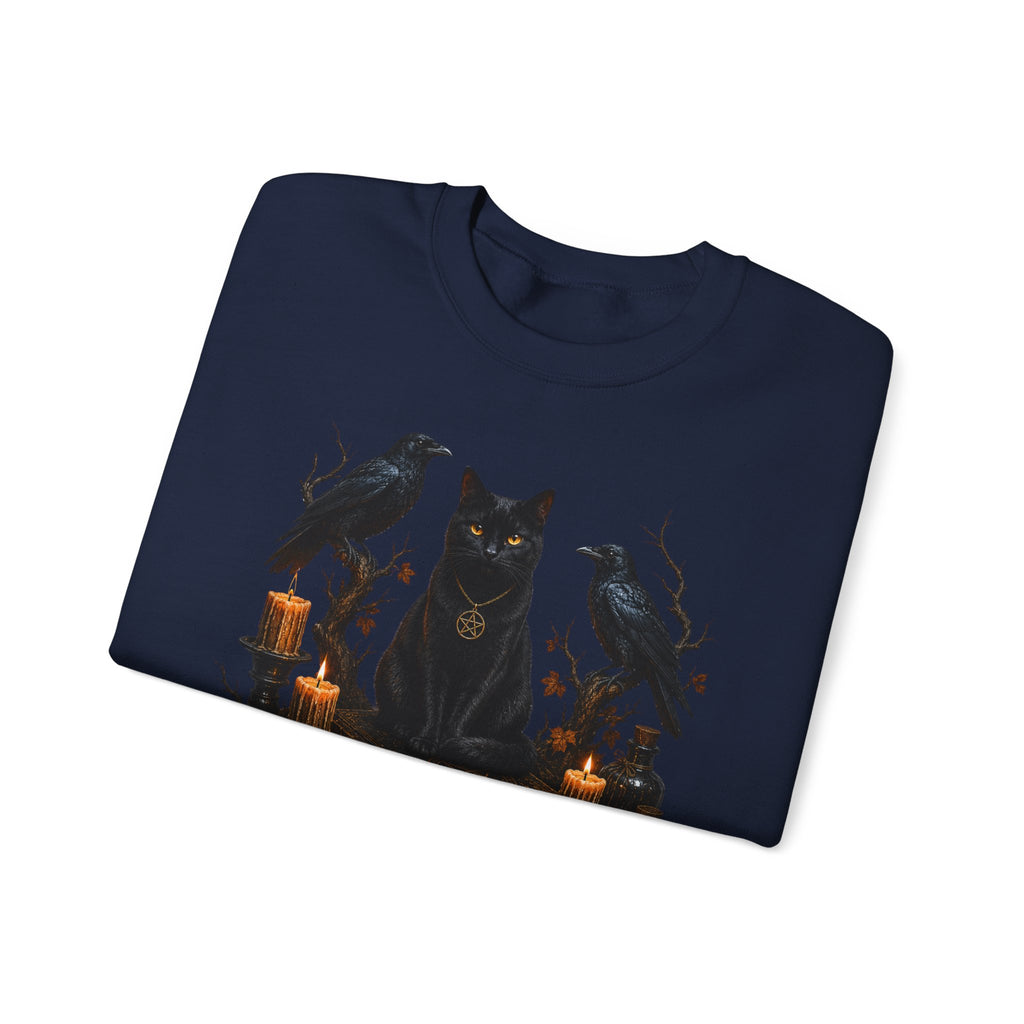 Witchy Black Cat Sweatshirt — Gothic Candle & Raven Halloween Crewneck