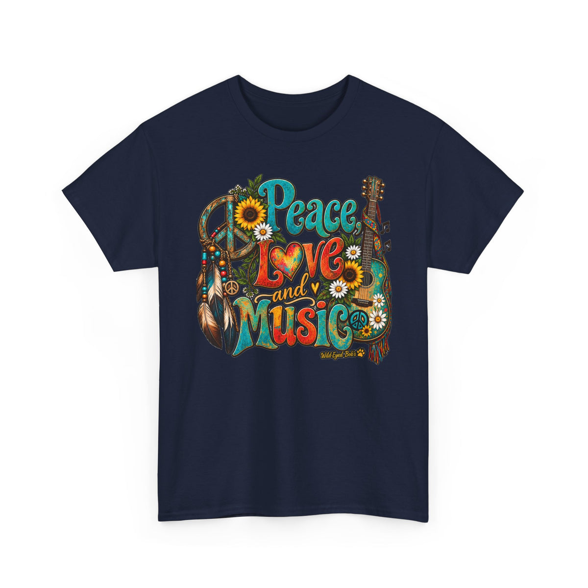 Peace Love Music T-Shirt — Retro Hippie Sunflower Graphic Tee
