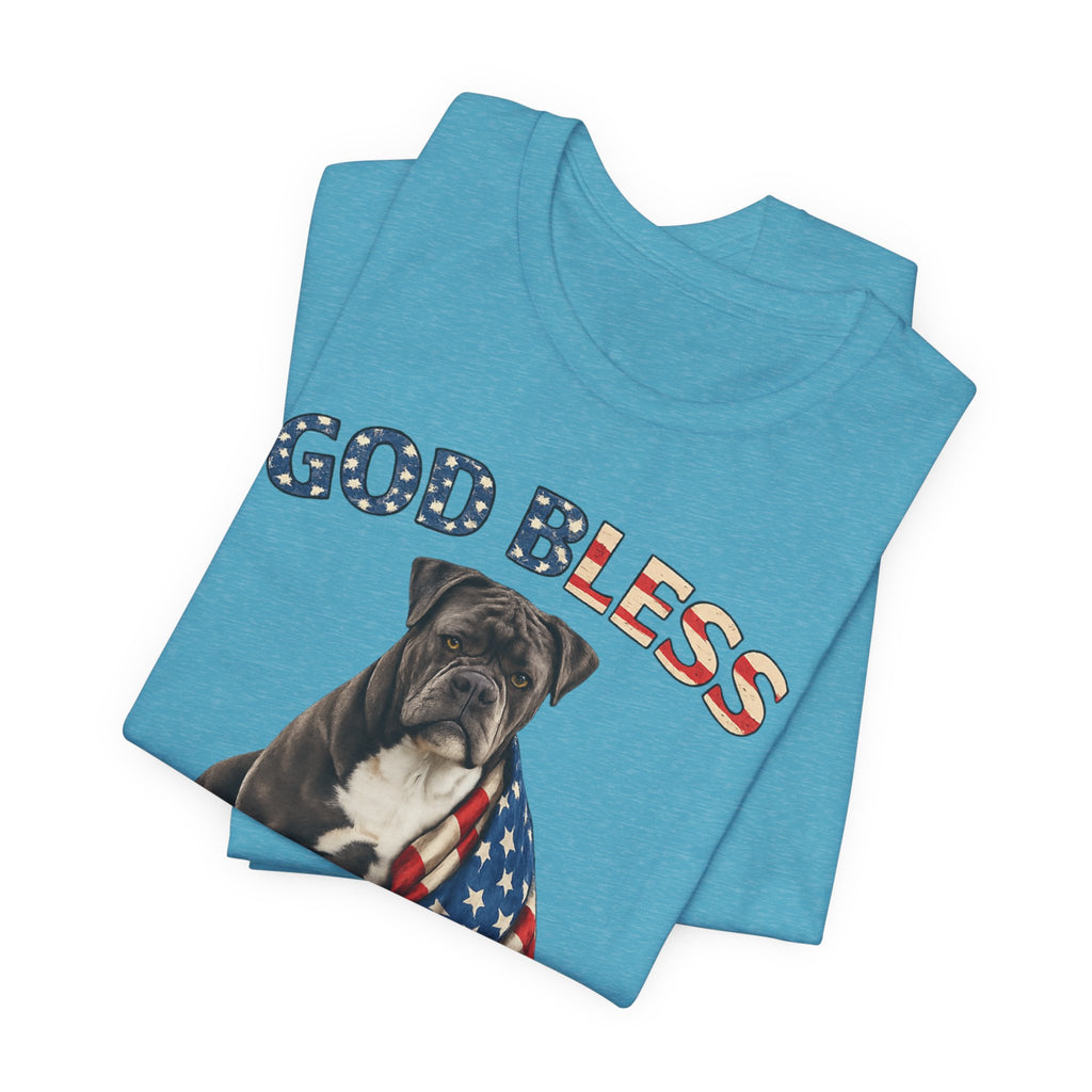 Patriotic Bulldog Tee – "God Bless America" USA Flag Dog T-Shirt