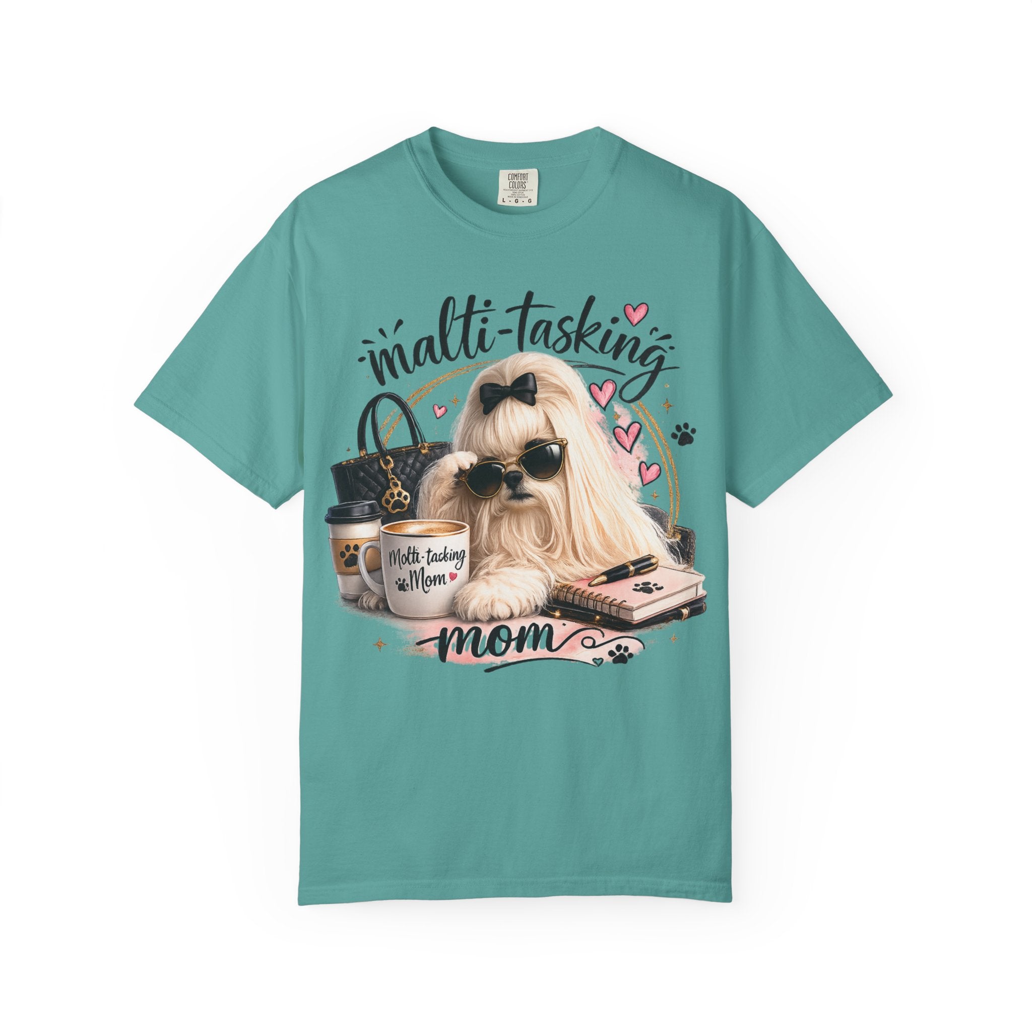Multi-Tasking Mom T-Shirt – Cute Maltese Dog with Coffee & Handbag Graphic