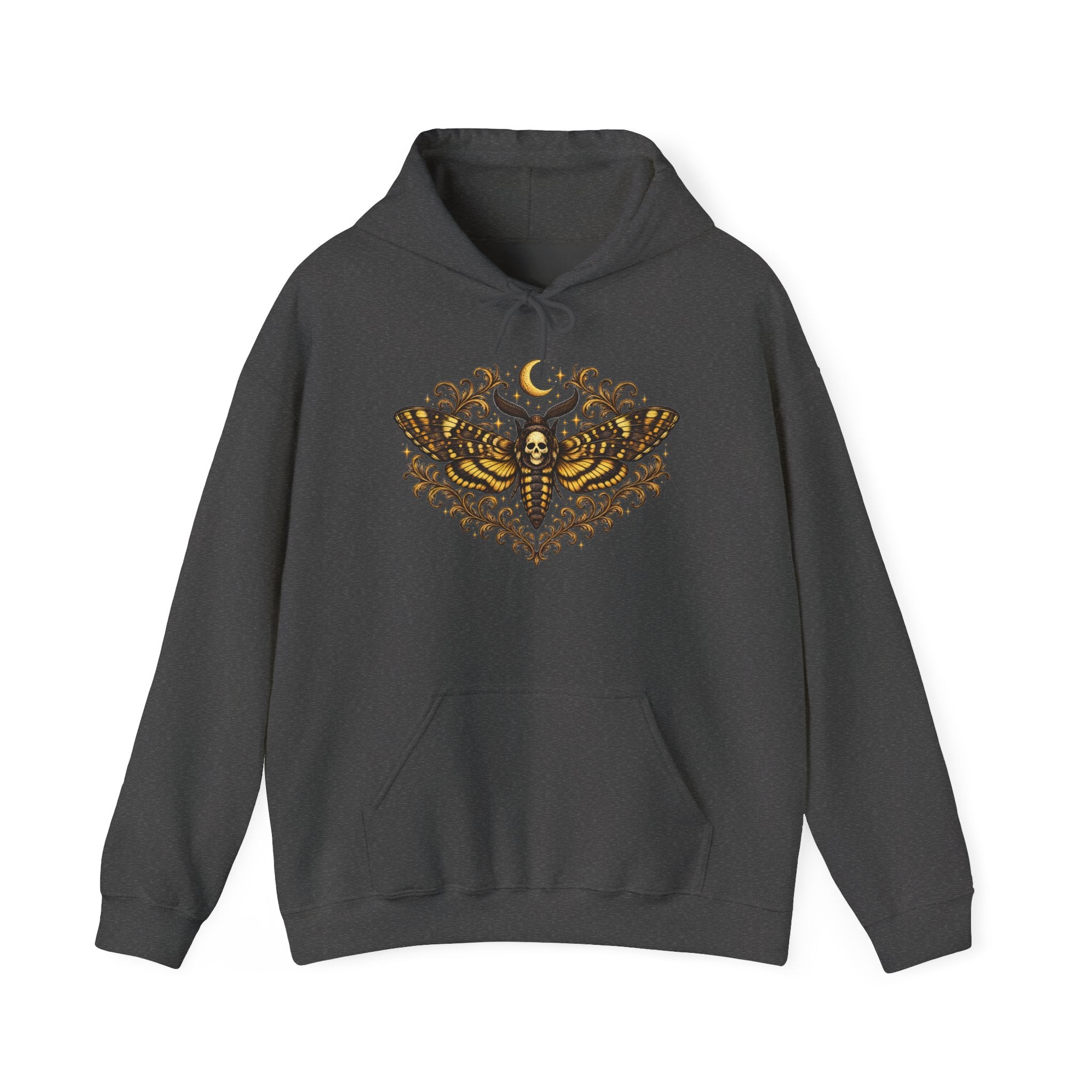 Mystic Death Moth Skull Hoodie – Crescent Moon Gothic Graphic Sweatshirt