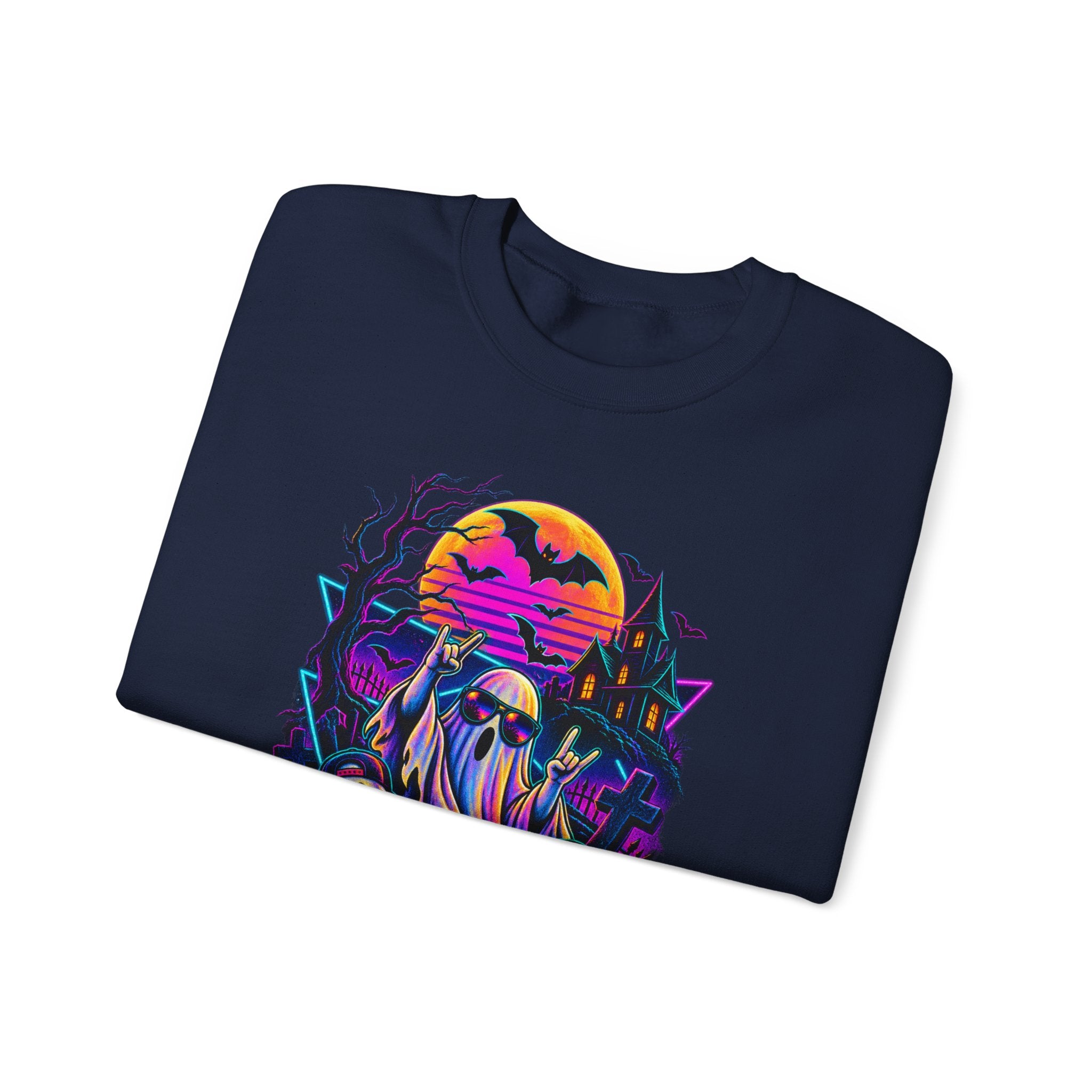 Halloween Neon Ghosts Crewneck Sweatshirt — Retro Pumpkin Haunted House Tee