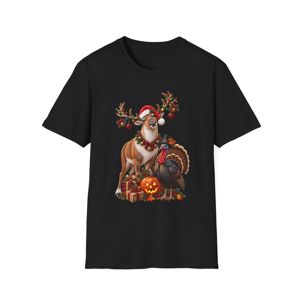 Three Holidays-One Shirt - Christmas Reindeer ,Turkey & Jack O Lantern Graphic T‑Shirt