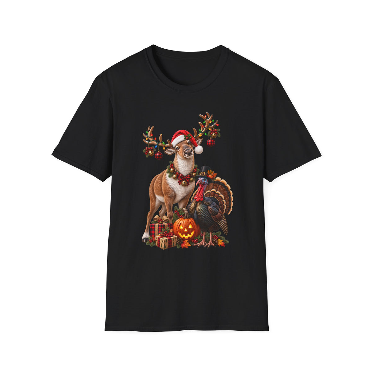 Three Holidays-One Shirt - Christmas Reindeer ,Turkey & Jack O Lantern Graphic T‑Shirt