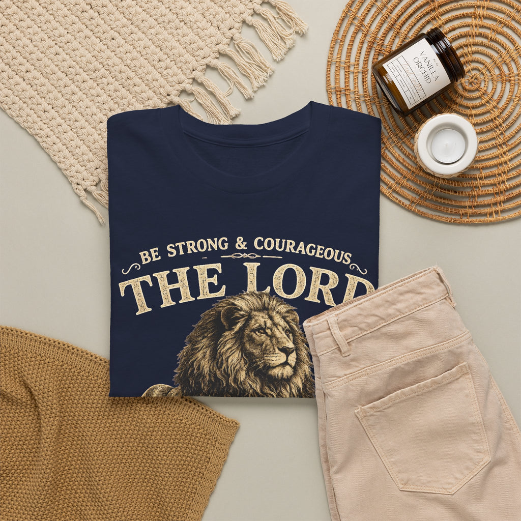 Christian Lion T-Shirt — "Be Strong & Courageous: The Lord Your God" Faith Tee
