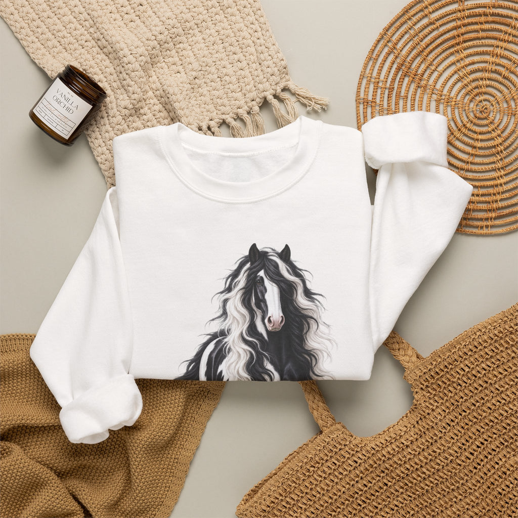 Gypsy Vanner Horse Crewneck Sweatshirt — Black & White Fluffy Pony Graphic