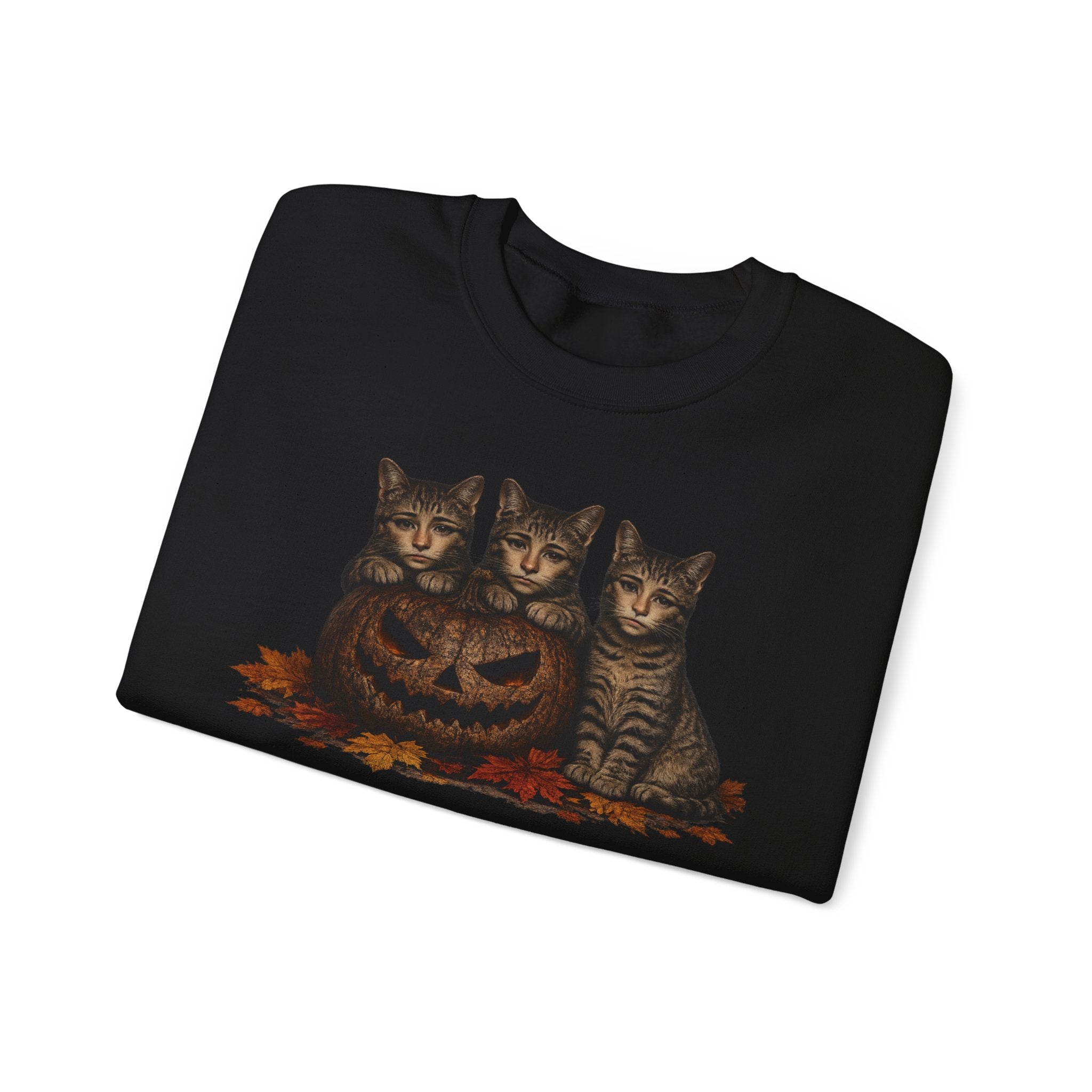 Halloween Cat Trio Crewneck Sweatshirt — Vintage Pumpkin Cats Fall Graphic