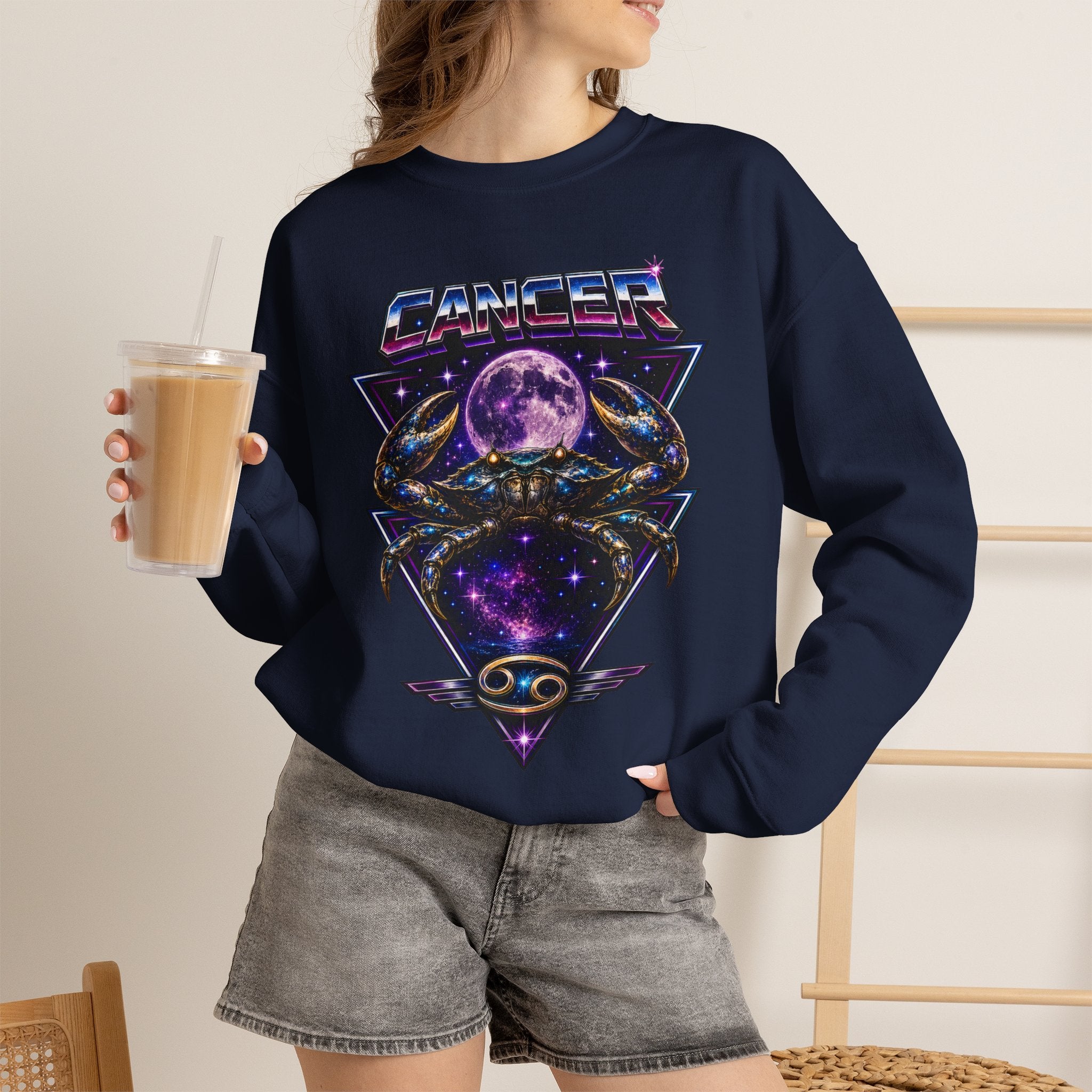 Cancer Zodiac Crewneck Sweatshirt — Retro Cosmic Crab Astrology Design