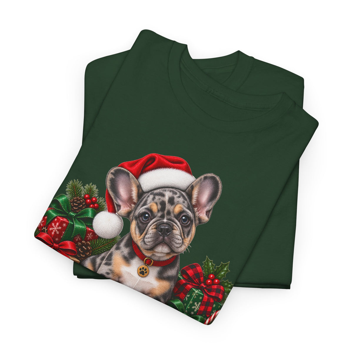 French Bulldog Christmas T-Shirt — Cute Puppy in Santa Hat Holiday Tee
