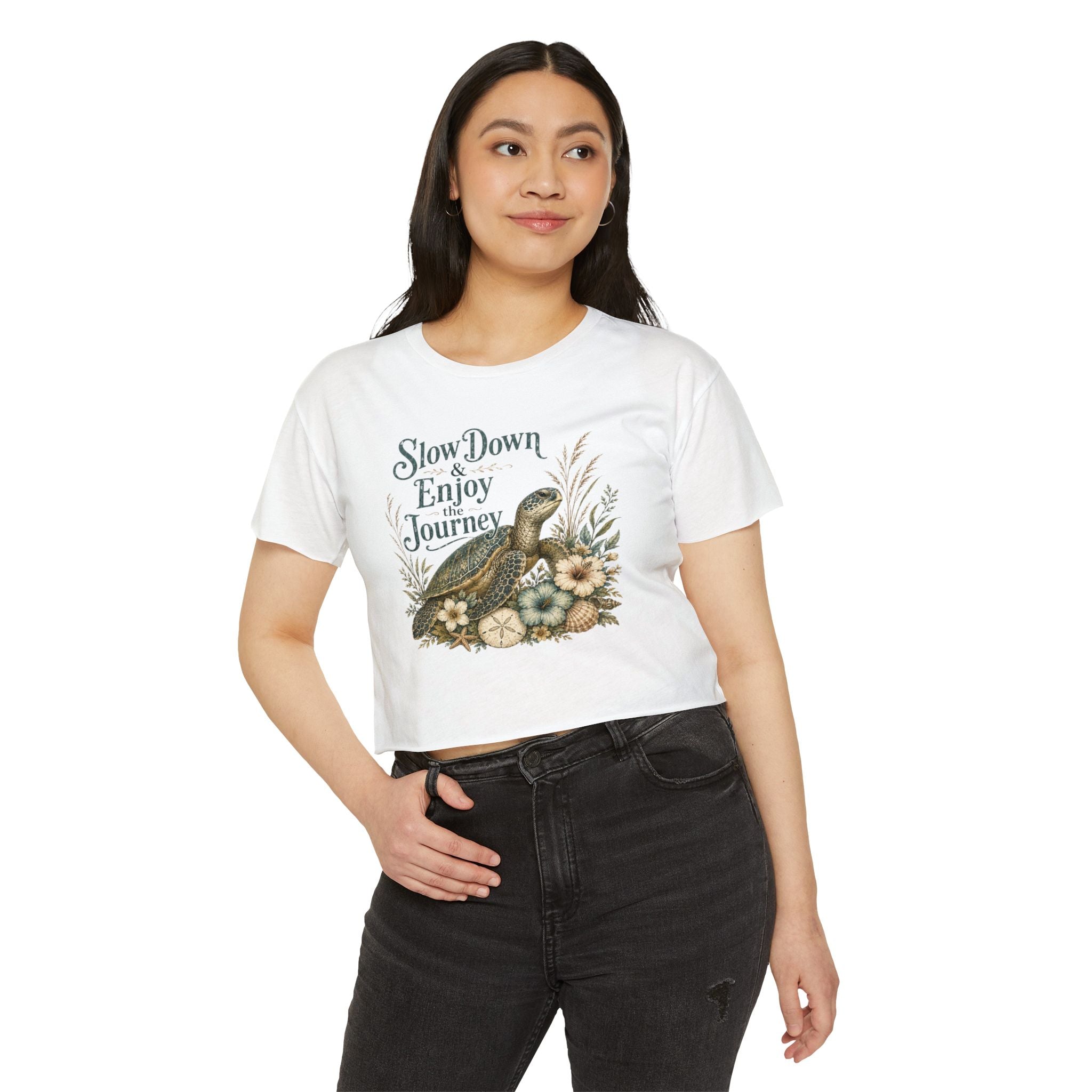 Women’s beach vibe Crop Top — “Slow Down & Enjoy the Journey” Sea Turtle Floral Festival Tee