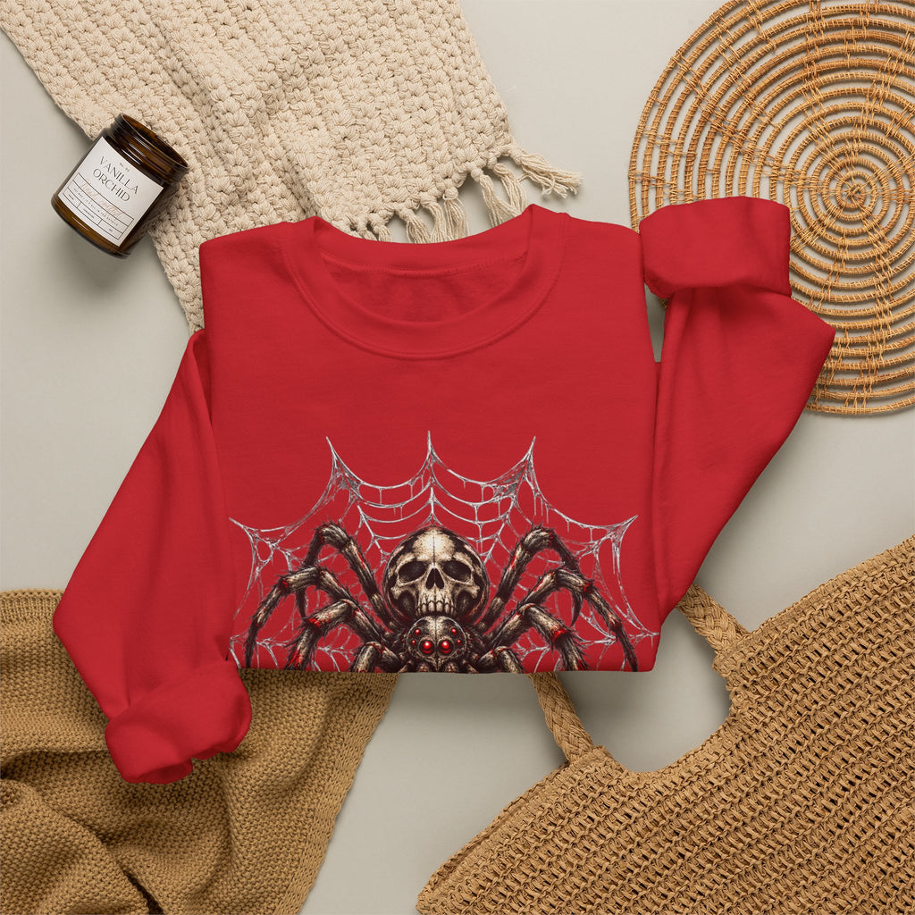 Skull Spiderweb Crewneck Sweatshirt — Gothic Halloween Graphic Sweater