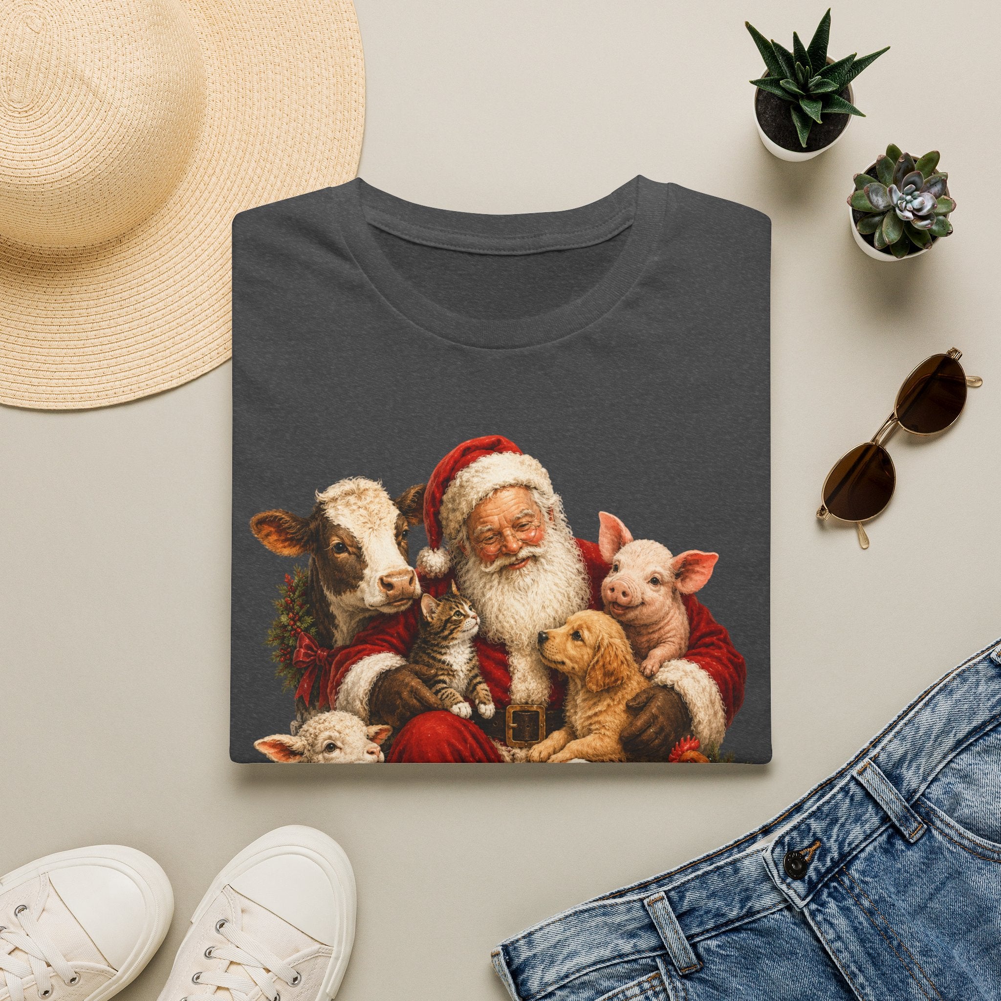 Santa with Farm Animals Christmas T-Shirt