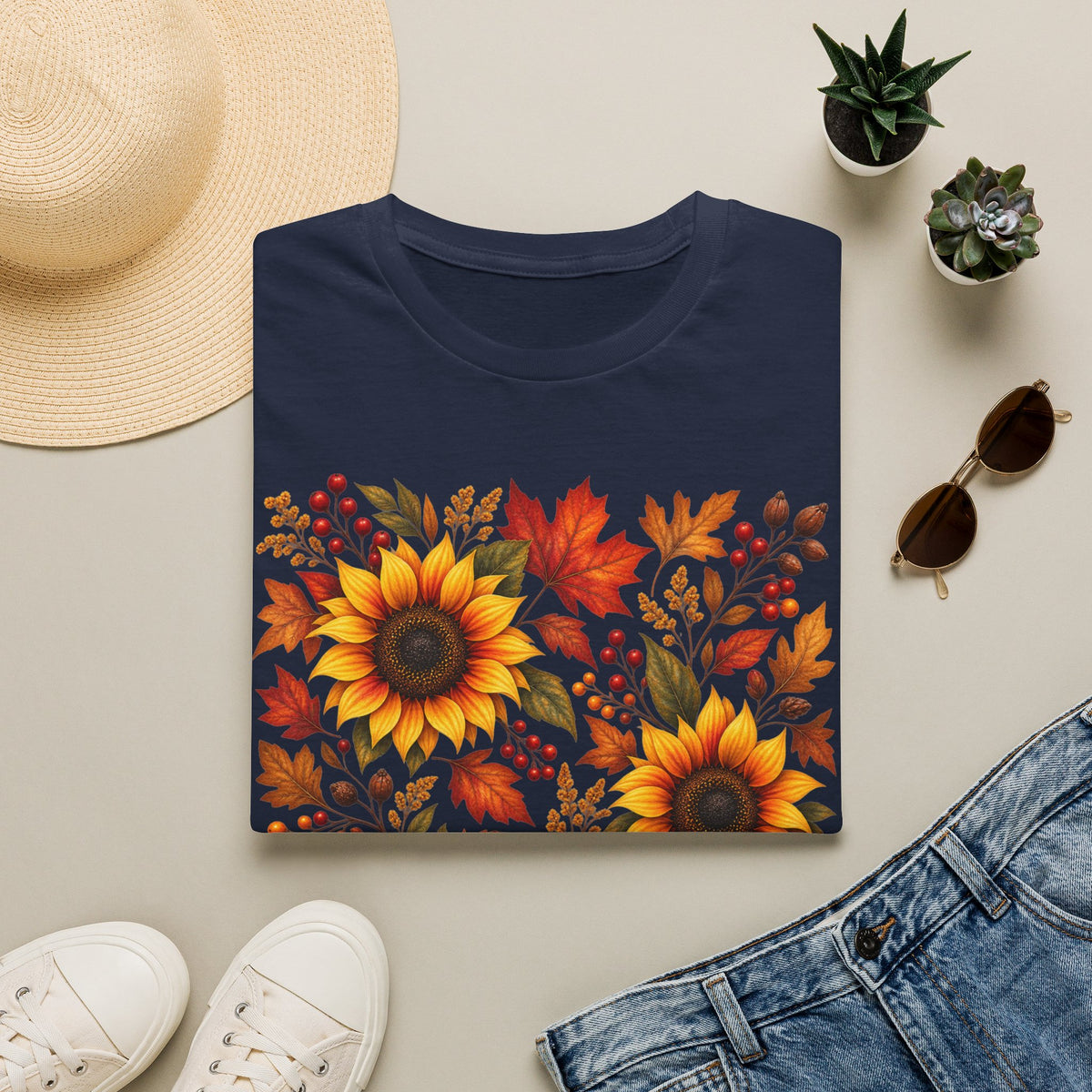 Sunflower & Autumn Leaves T-Shirt — Fall Floral Tee