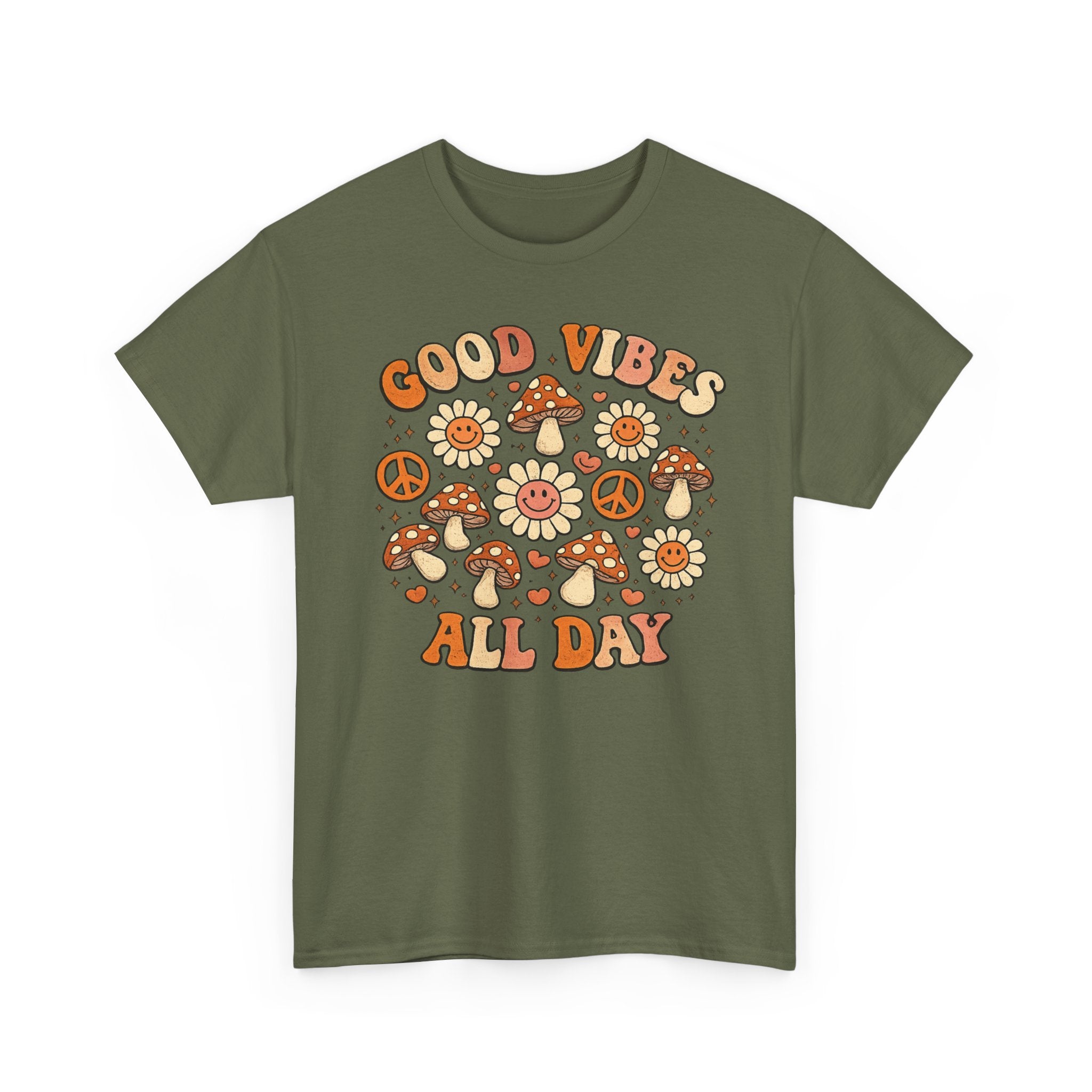 Boho-Good Vibes All Day T-Shirt — Retro Mushroom & Daisy Graphic Tee