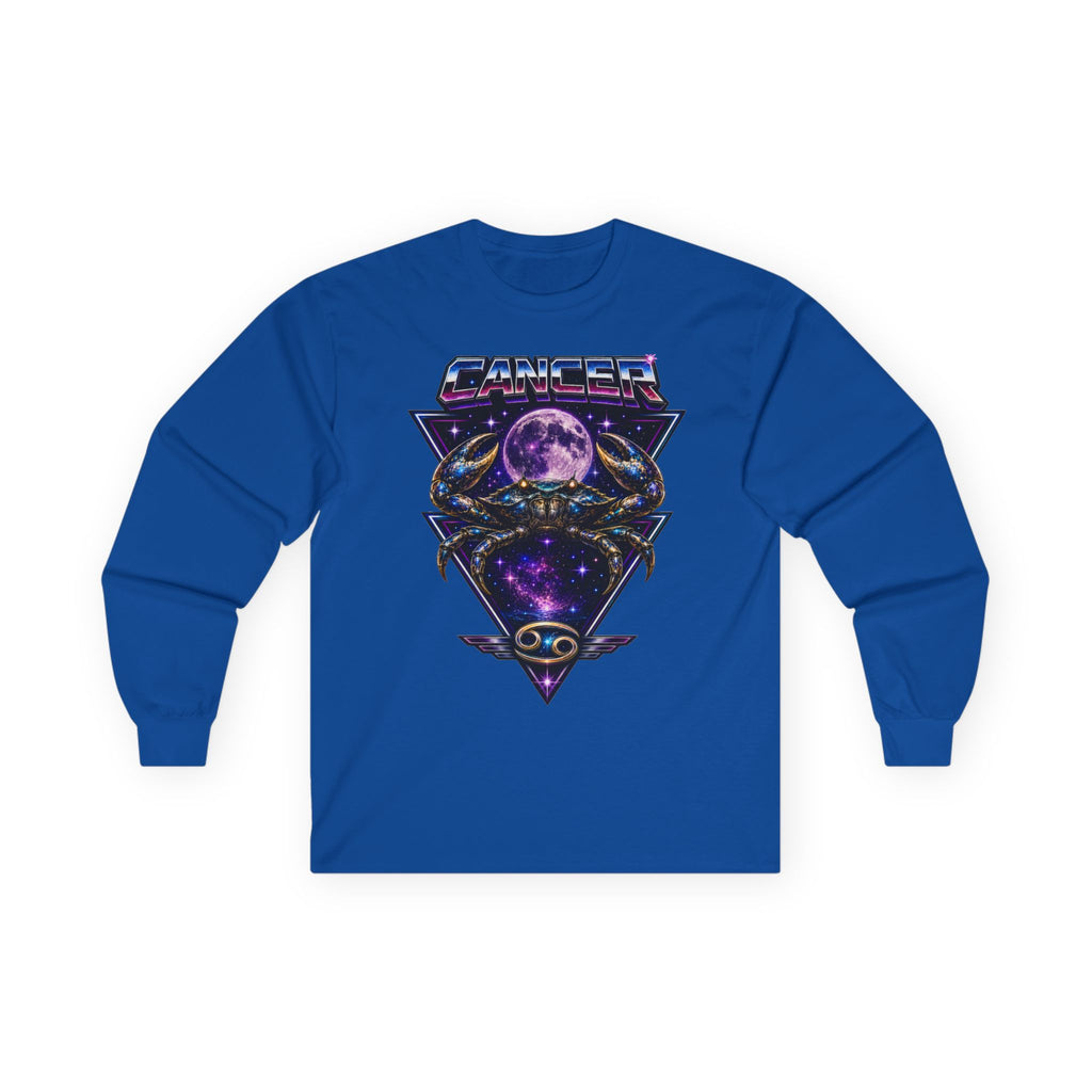Cosmic Cancer Zodiac Crab Long Sleeve Tee — Retro Space Graphic "Cancer" Zodiac Shirt