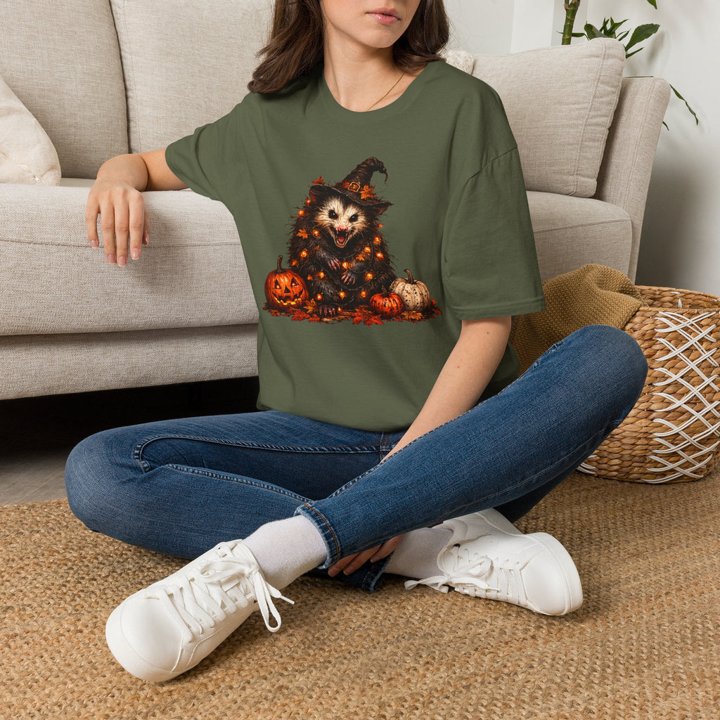 Halloween Possum T‑Shirt — Cute Spooky Opossum in Witch Hat with Fairy lights and Pumpkins
