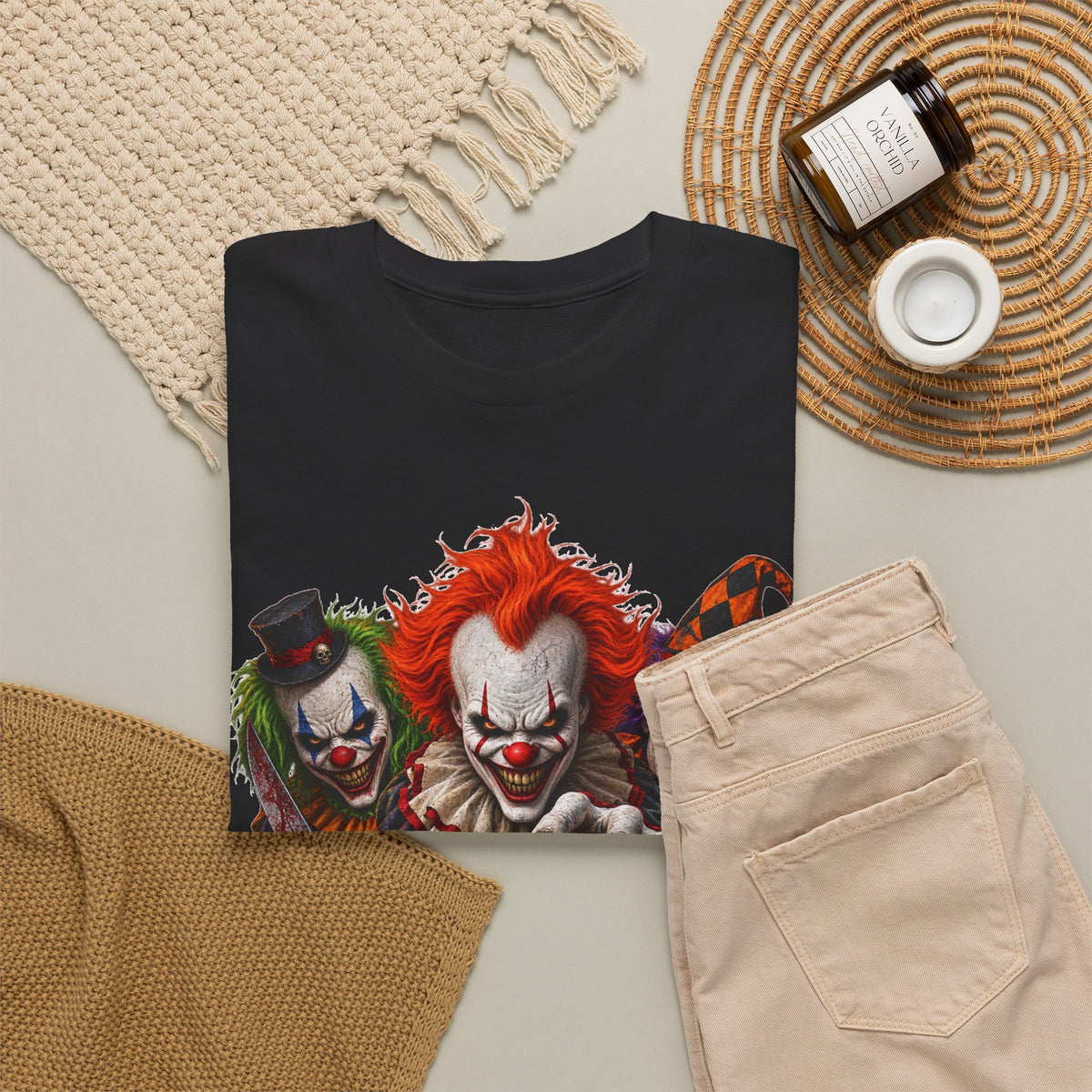 Horror Clown Trio Halloween T-Shirt — Scary Clown Pumpkin Design