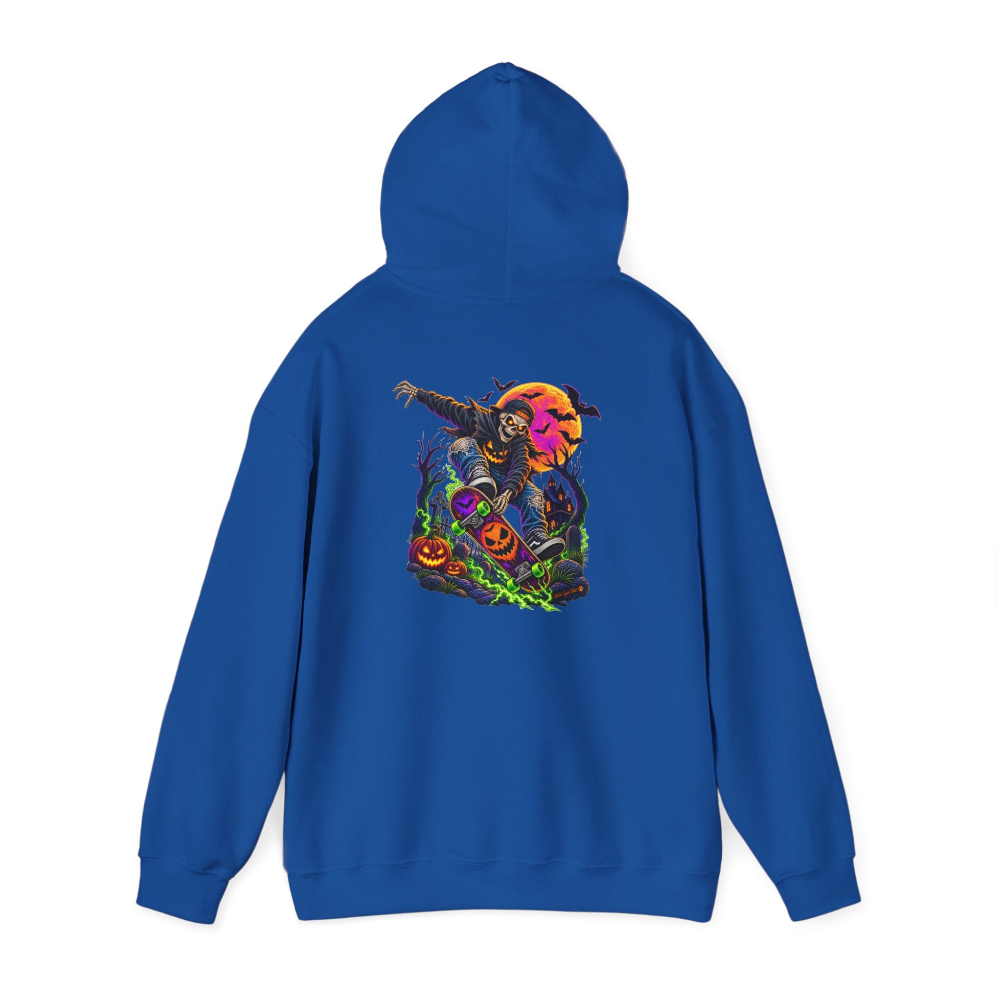 Halloween Skeleton skateboarder Hoodie — Pumpkin Patch Horror Graphic Sweatshirt
