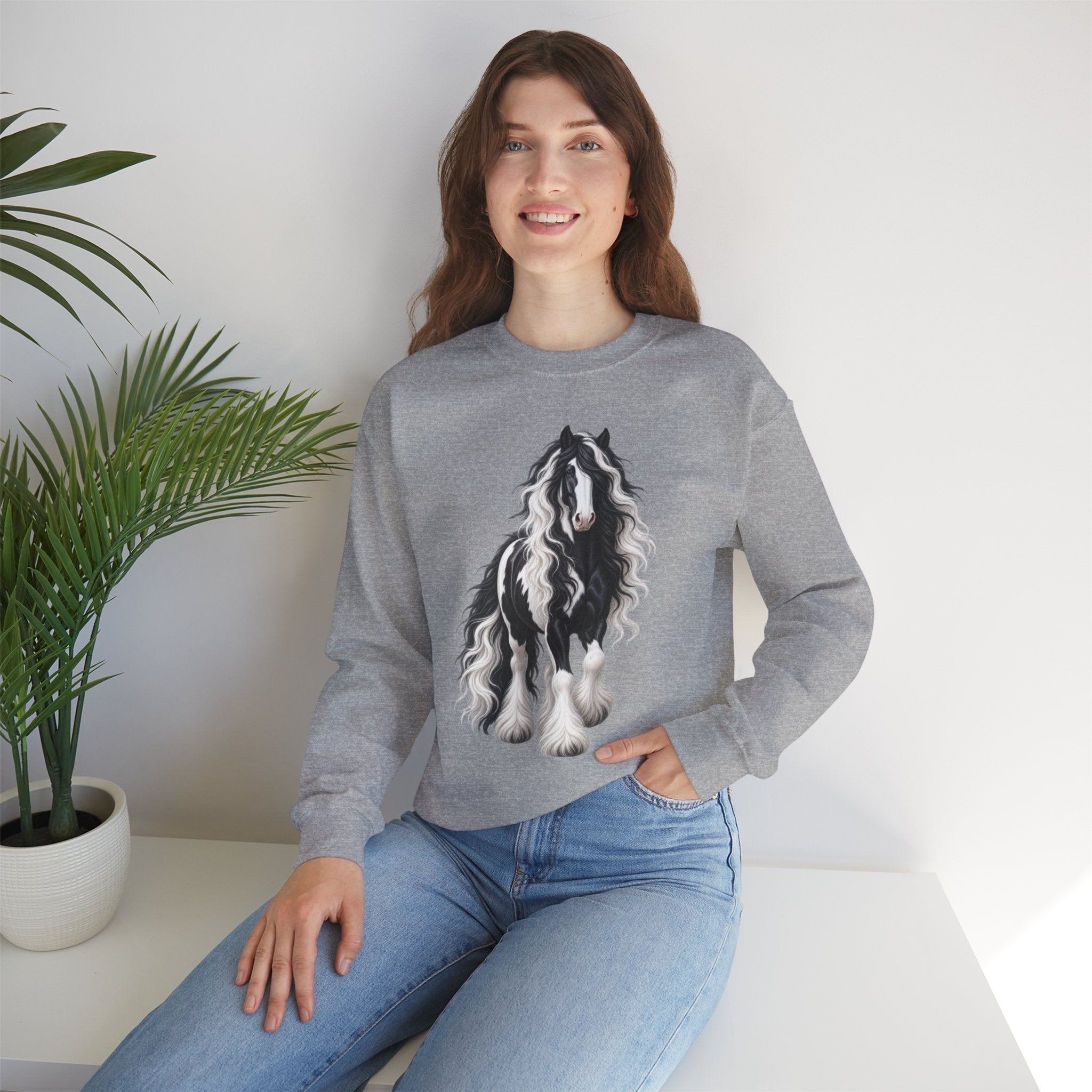 Gypsy Vanner Horse Crewneck Sweatshirt — Black & White Fluffy Pony Graphic