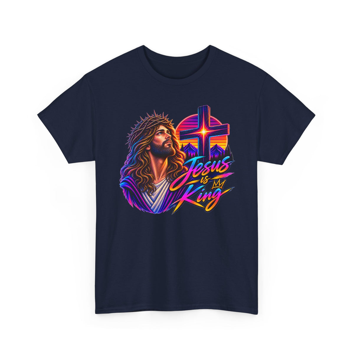 Jesus Is King T-Shirt — Neon Portrait Cross Christian Tee